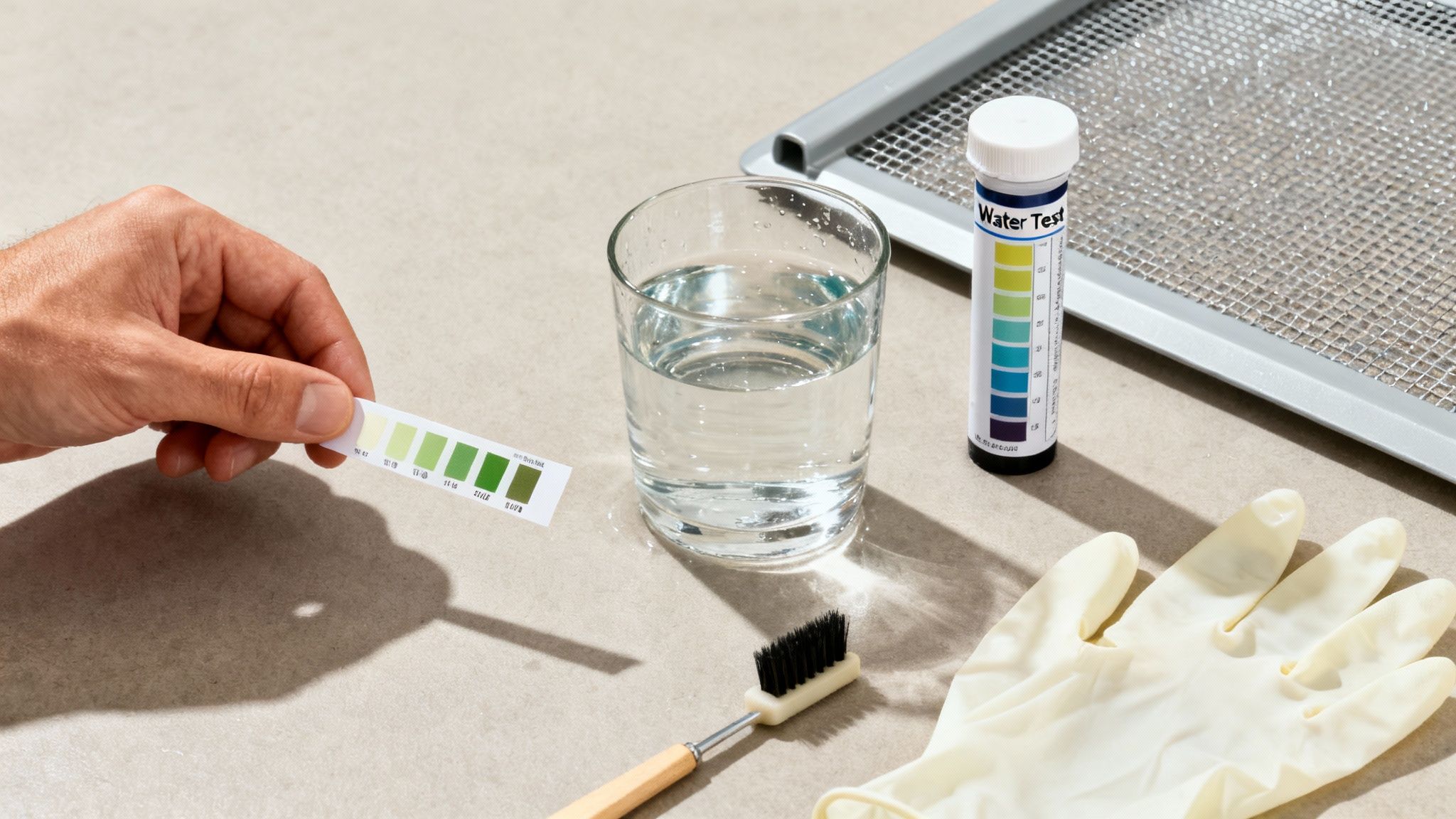 A person's hand holds a water test strip next to a glass of water, a test tube, and cleaning tools.