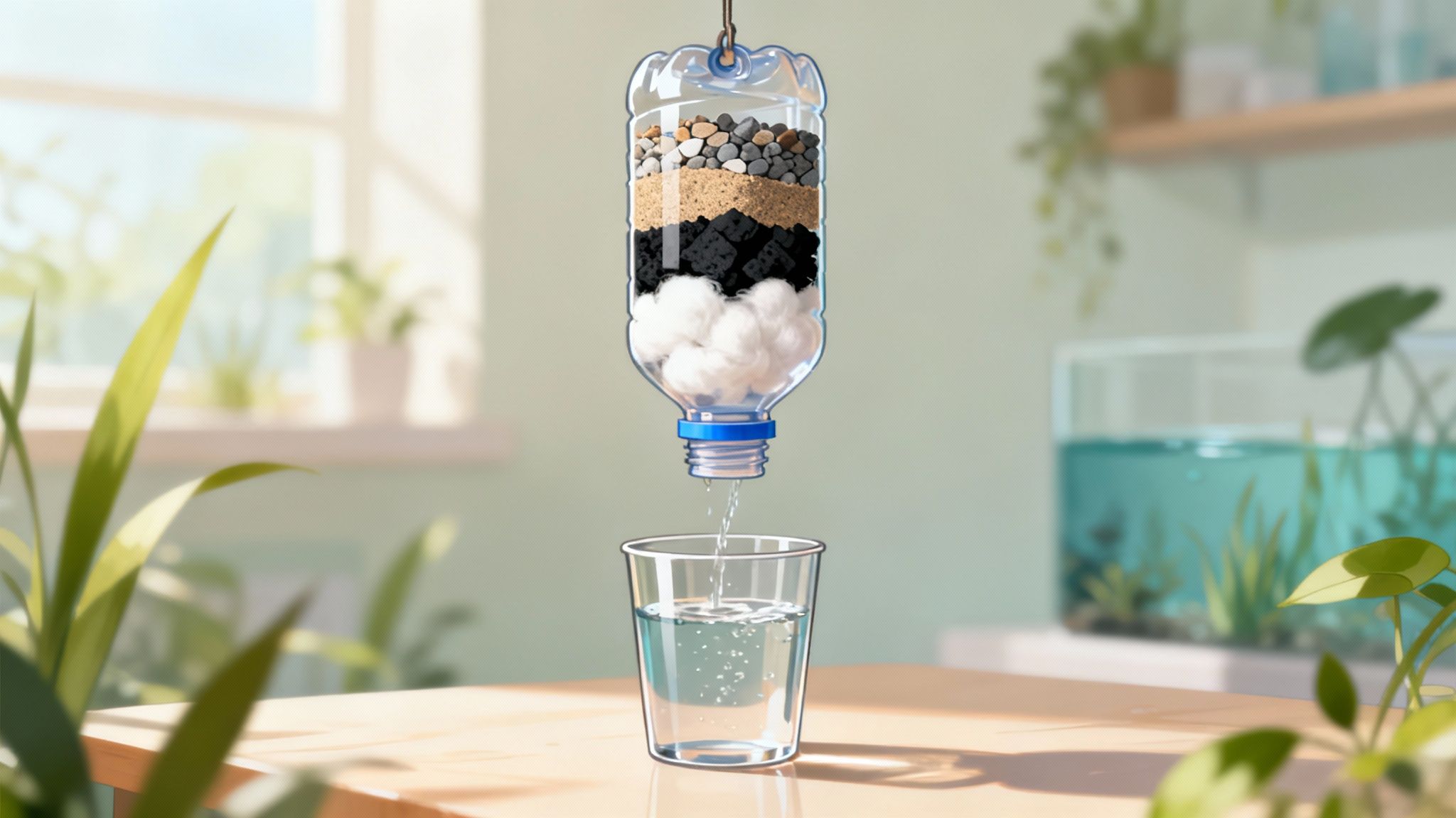 A homemade water filter in a plastic bottle with layers of natural materials, purifying water into a glass.