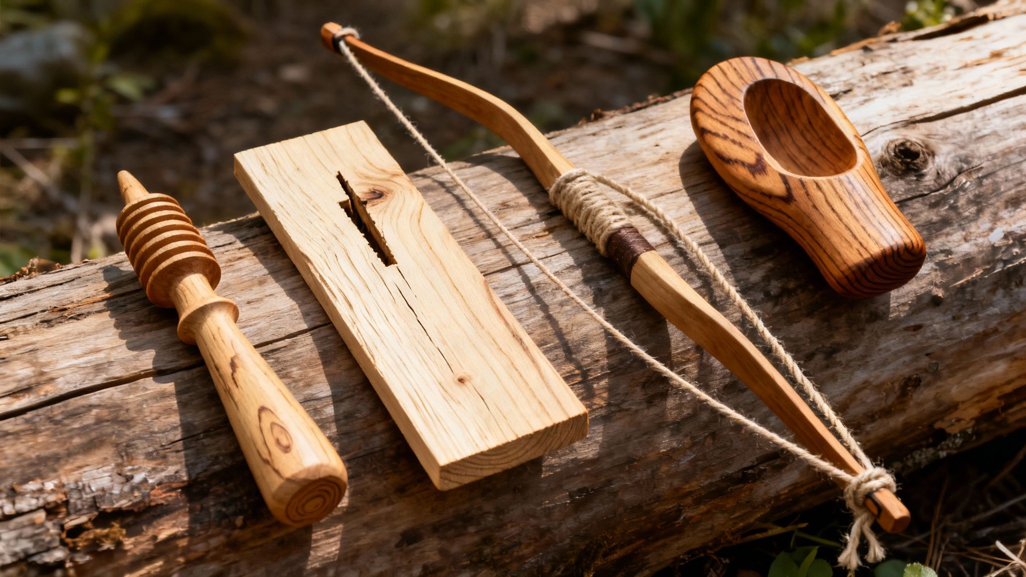 Traditional wooden fire bow drill kit components, including a bow, spindle, and hearth board, on a log.