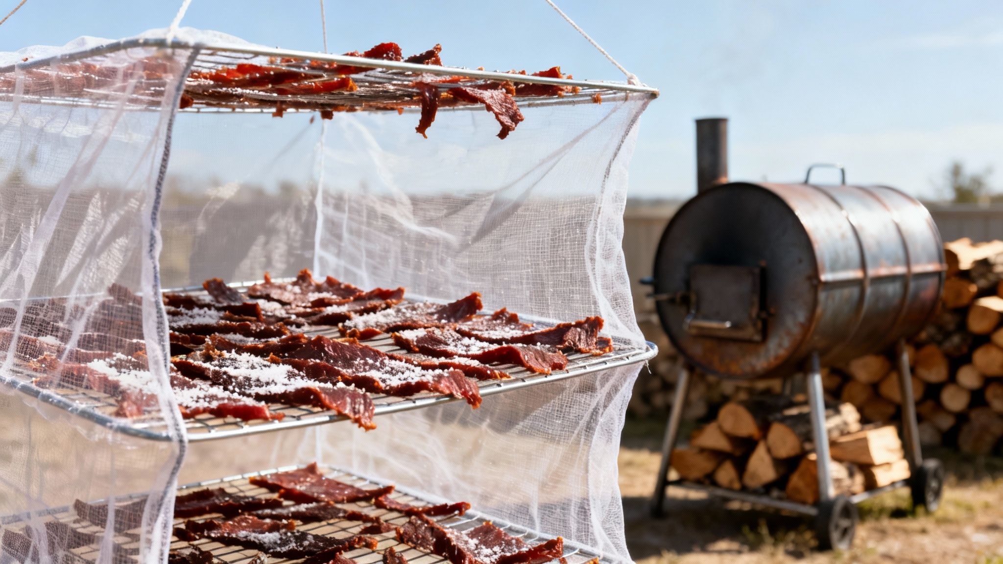 Strips of meat, possibly jerky, drying on an outdoor rack with white seasoning and a smoker.
