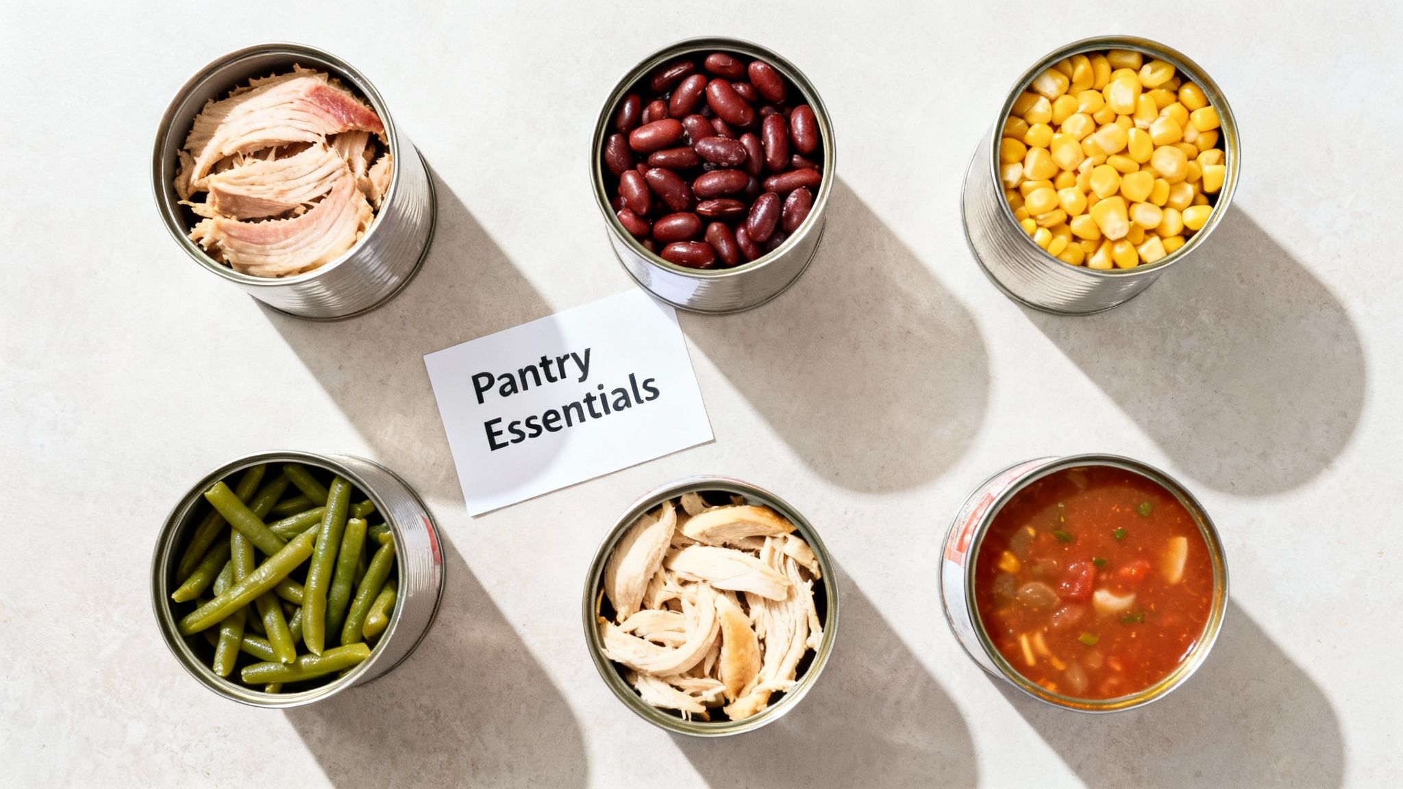 Overhead view of six open canned goods including vegetables, beans, and meat, with a "Pantry Essentials" card.