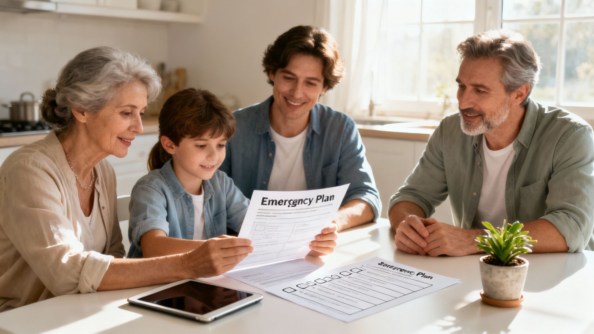 A multi-generational family reviews an emergency plan at a table in a bright kitchen.