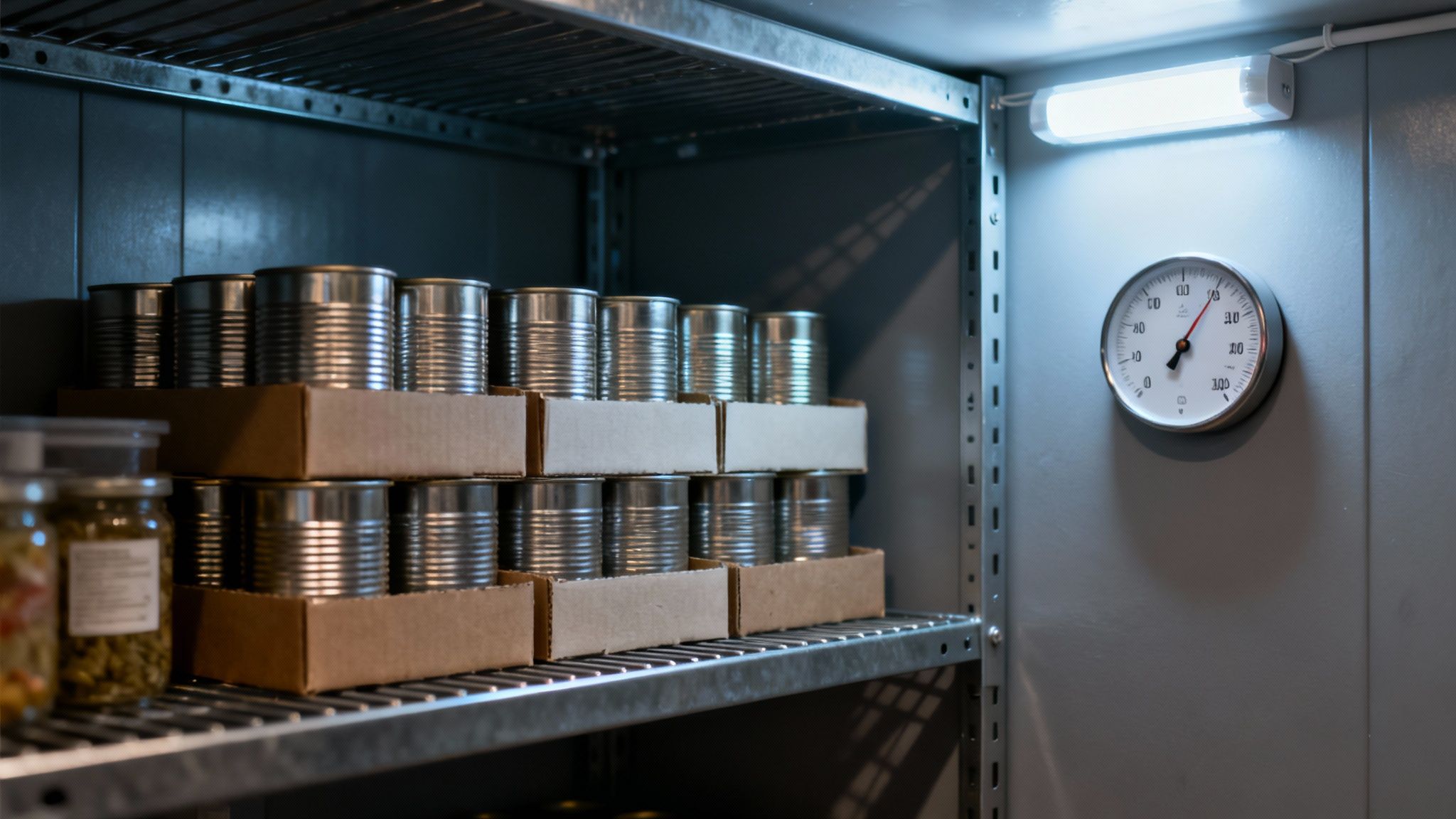 Stacked silver canned goods and glass jars on metal shelves in a well-lit food storage room.