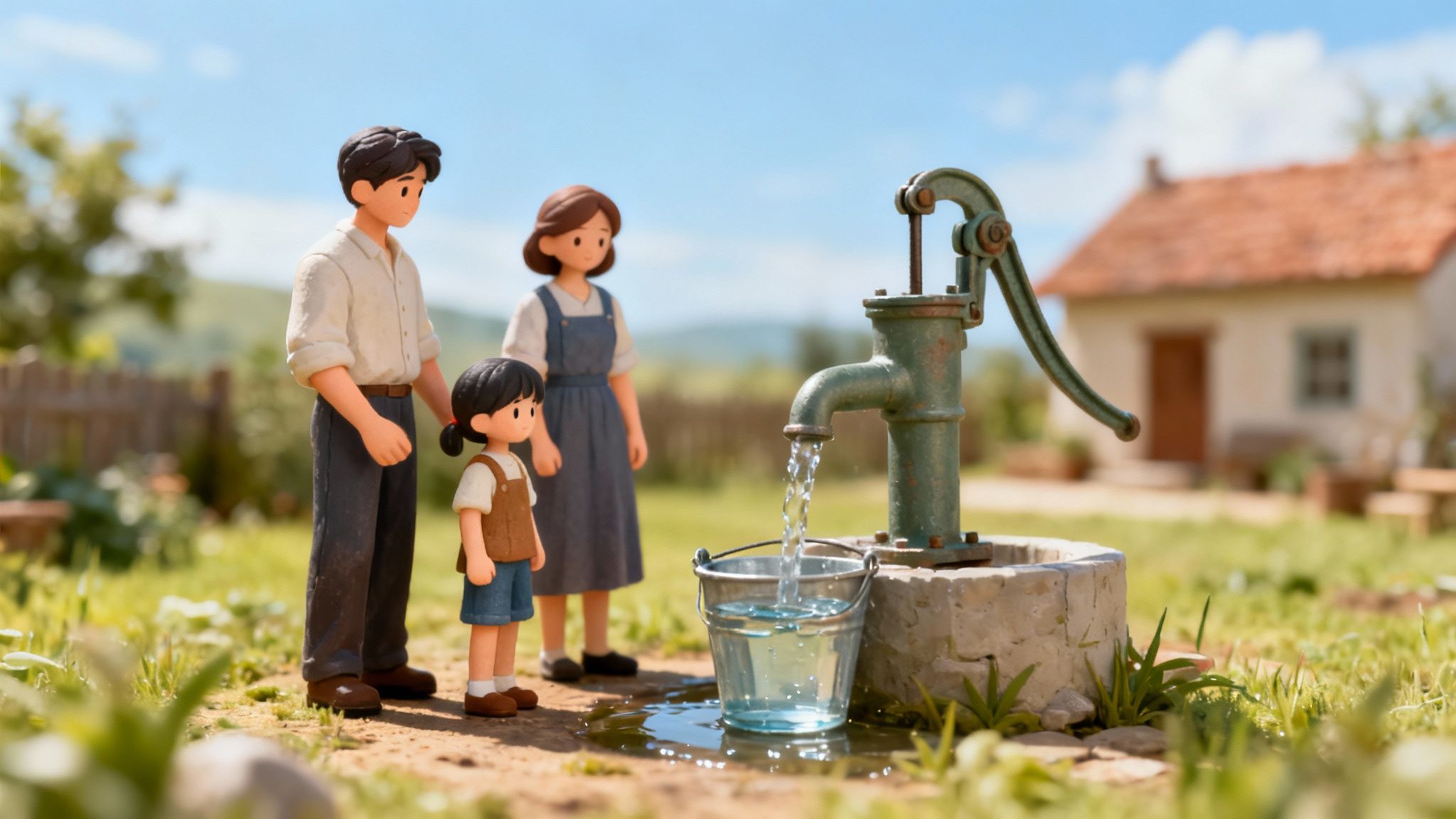A charming claymation family collects fresh water from a vintage hand pump in a sunny field.