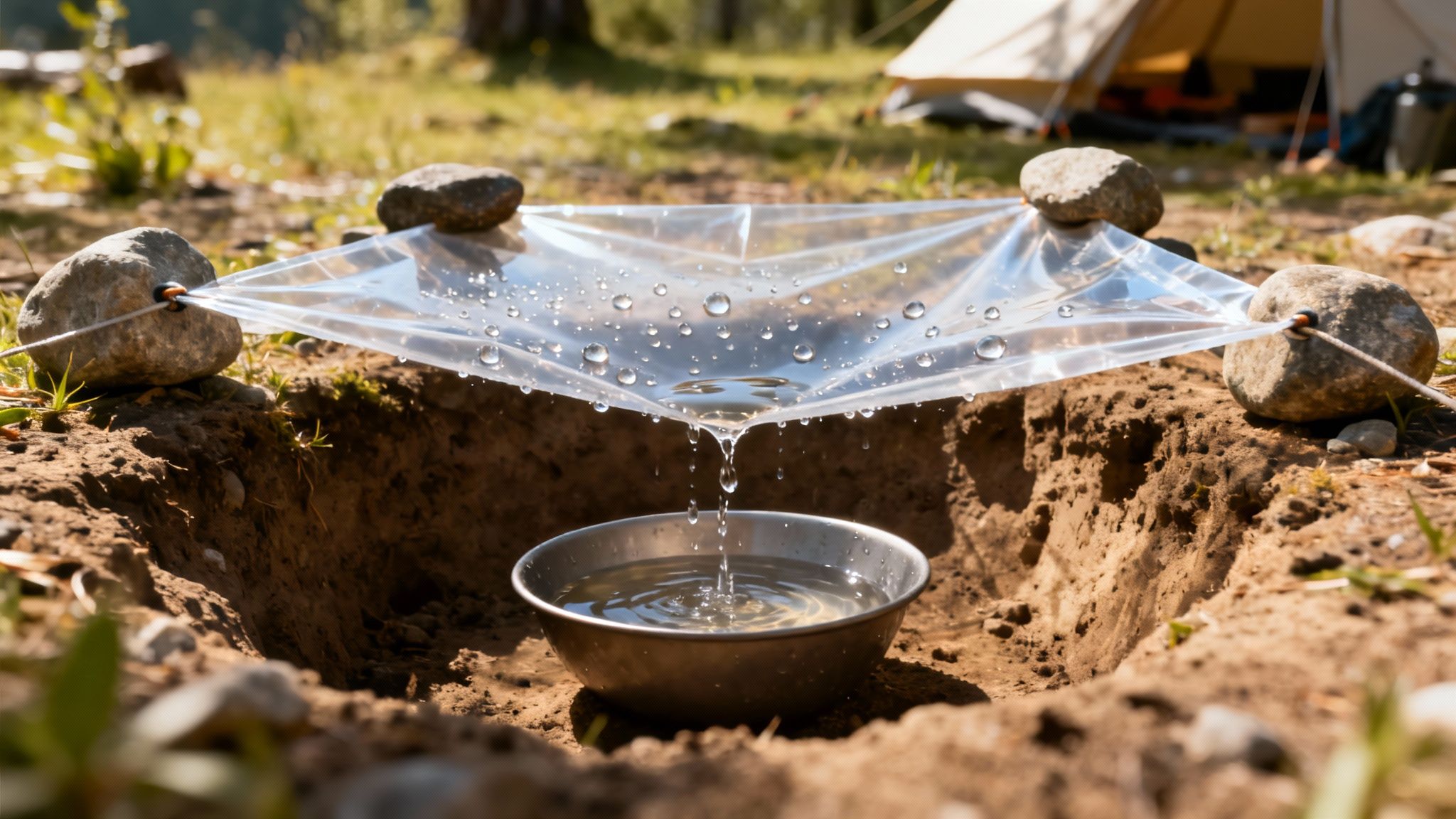 A clear plastic sheet held by rocks drips collected water into a metal bowl in a dug pit for survival.