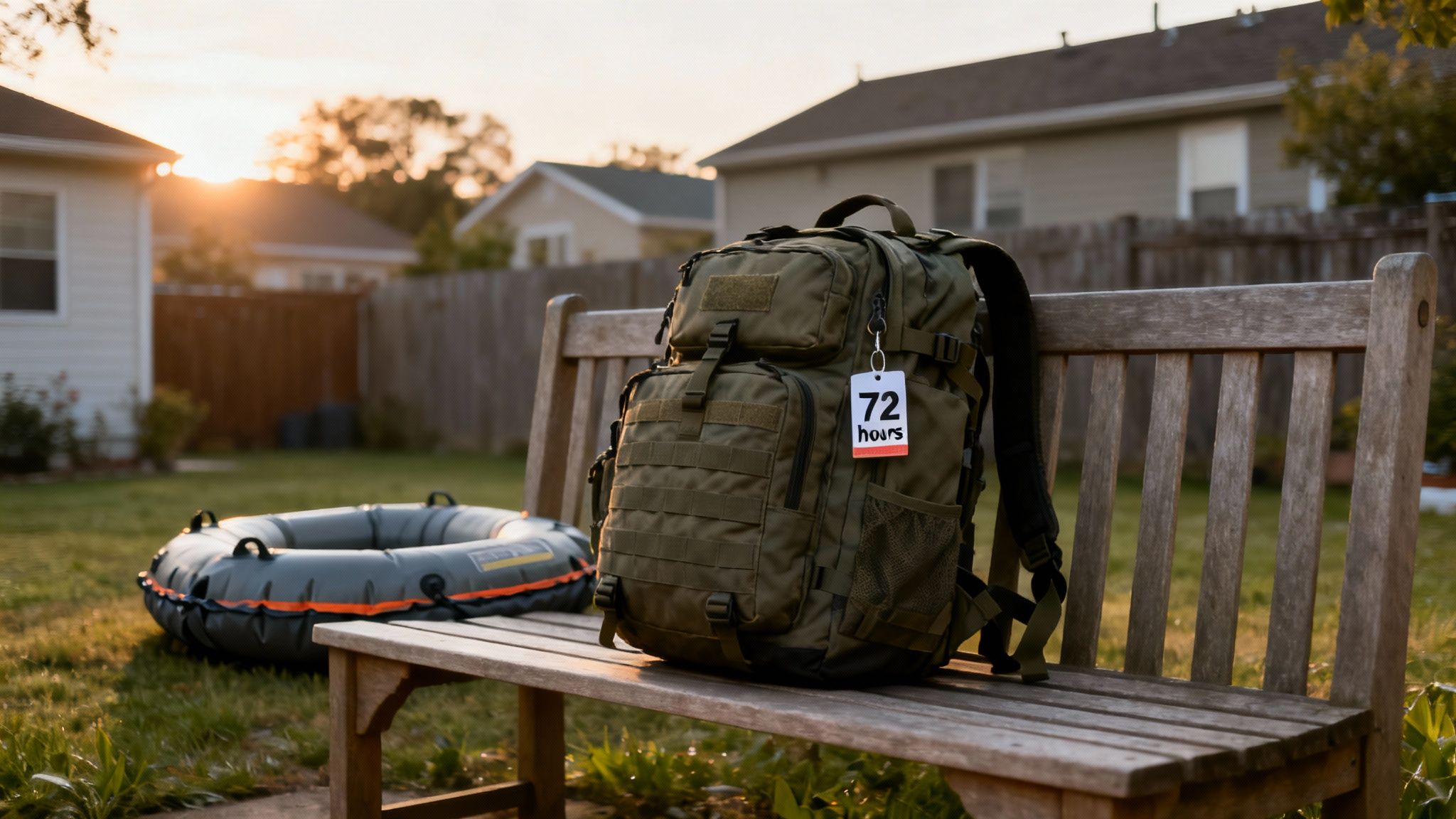 A green military backpack with a '72 hours' tag rests on a wooden bench next to an inflatable raft at sunset.