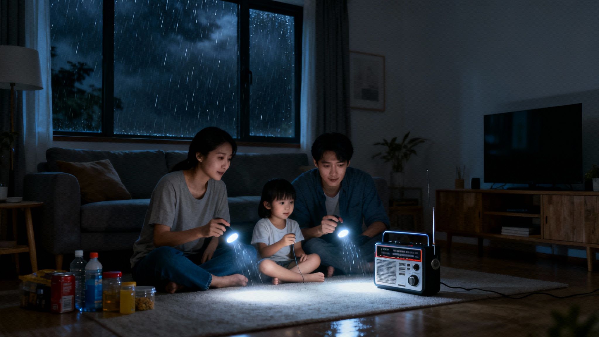 Family using flashlights and a radio during a power outage caused by a rainstorm.