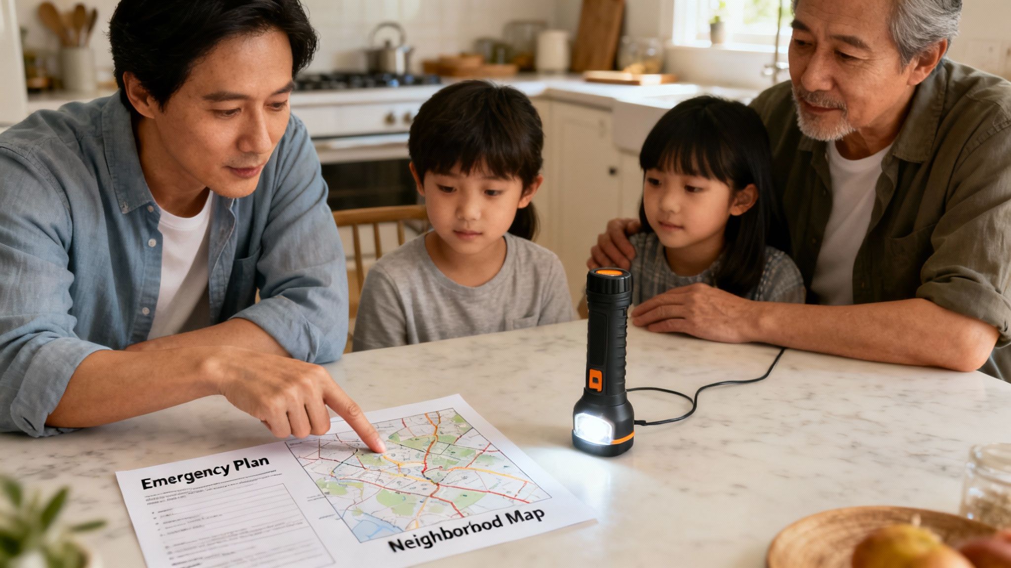 A father, grandfather, and two children review an emergency plan and neighborhood map with a flashlight.