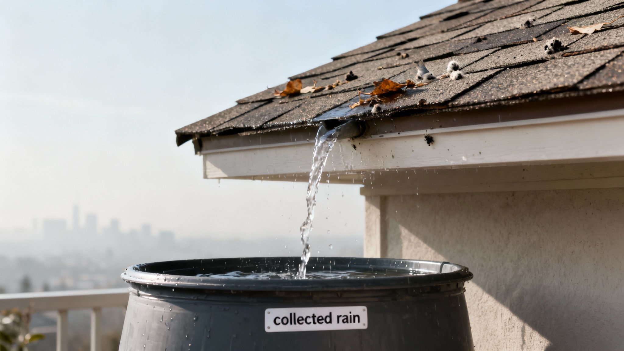 Collected rainwater streams from a residential roof into a dark barrel, overlooking a city.
