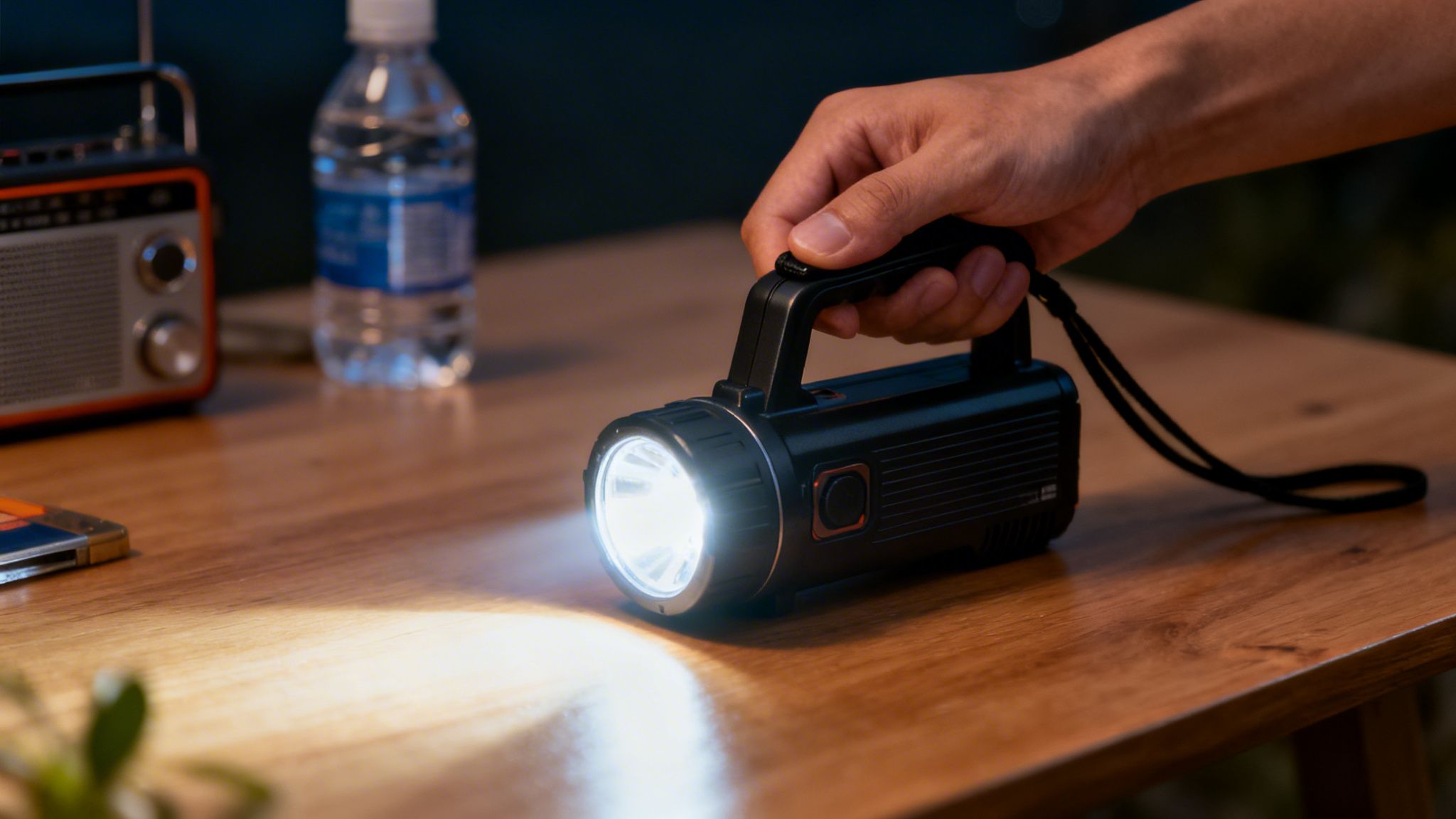A hand holds a bright black flashlight on a wooden table, illuminating the area.