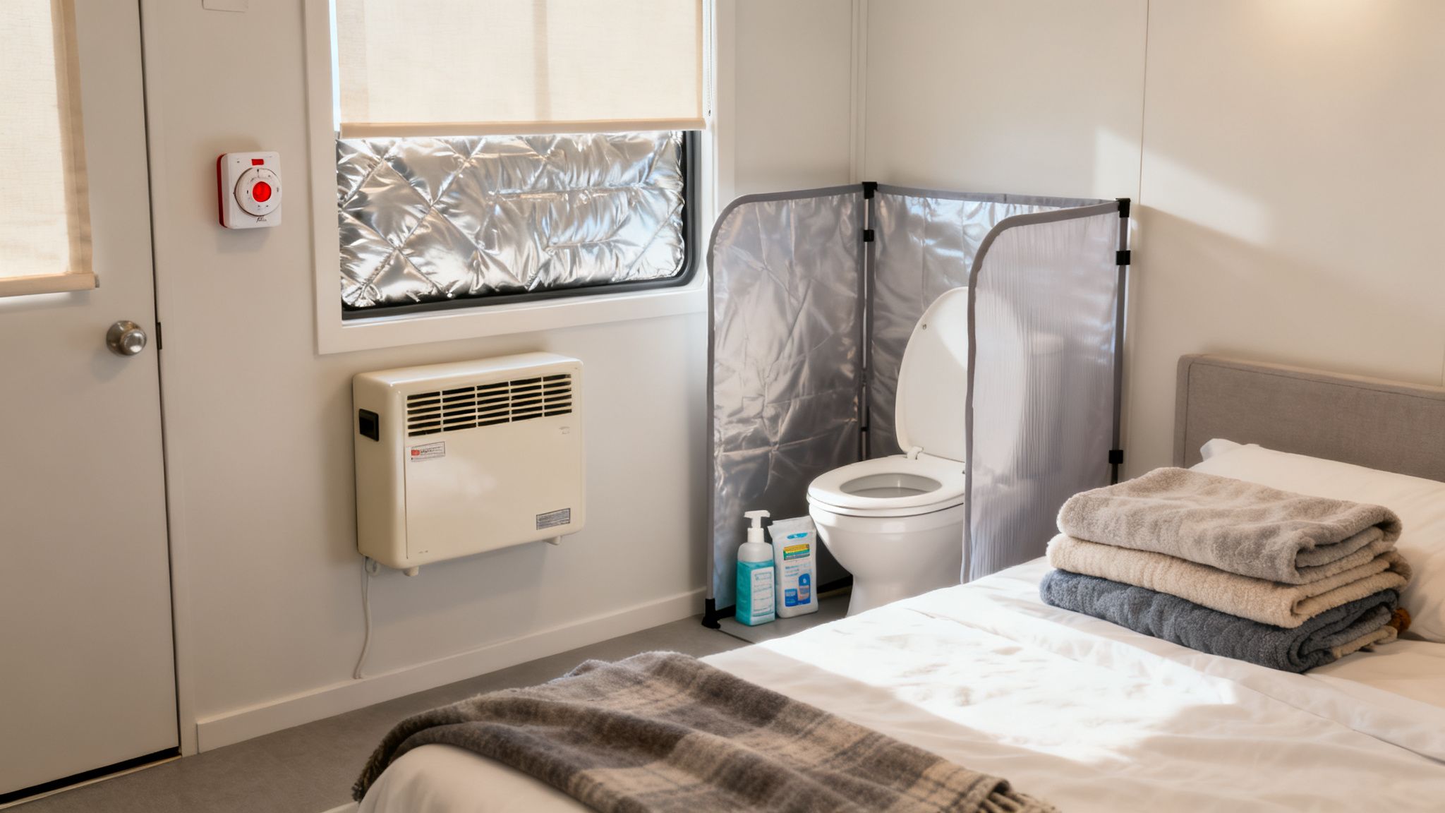 A compact room with a bed, toilet behind a privacy screen, wall heater, and emergency supplies.