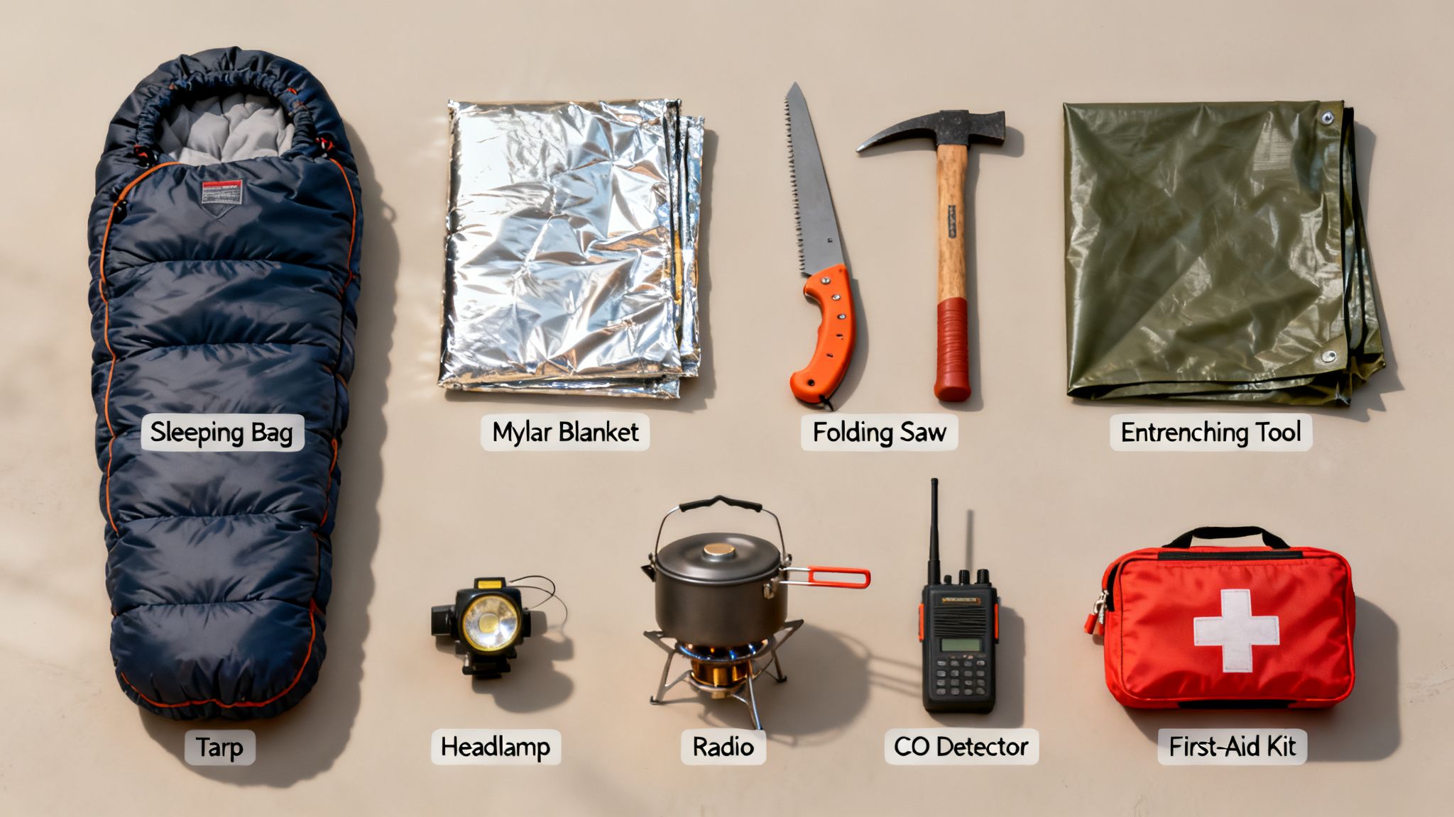 Essential camping and survival gear, including a sleeping bag, emergency blanket, folding saw, and first-aid kit.