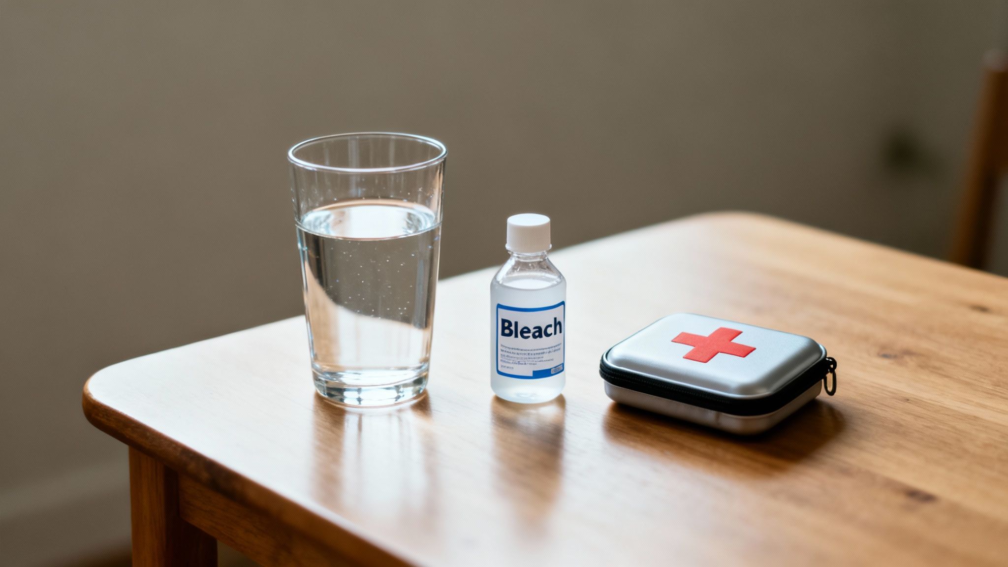 A glass of water, a small bleach bottle, and a first aid kit on a wooden table.