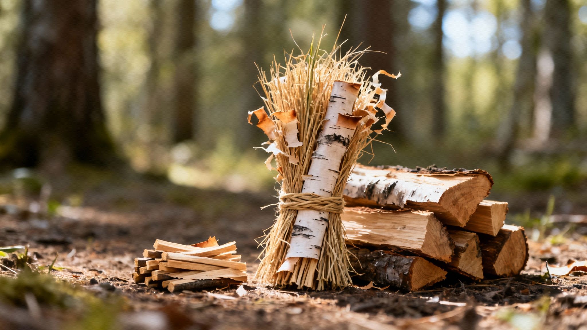 Prepared fire-starting materials, including birch bark, kindling, and firewood, arranged in a forest.