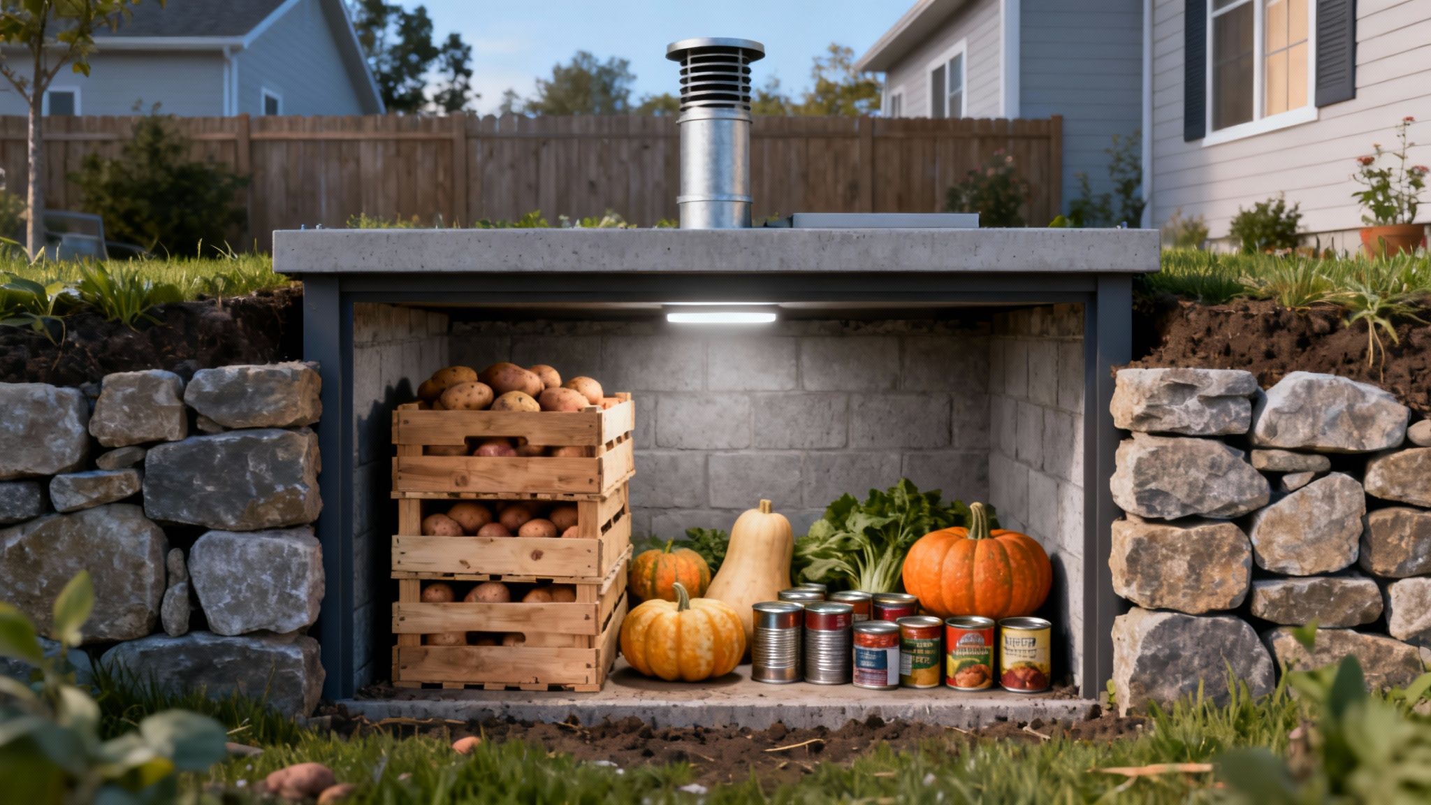 A well-stocked underground root cellar storing potatoes, pumpkins, gourds, and canned goods.