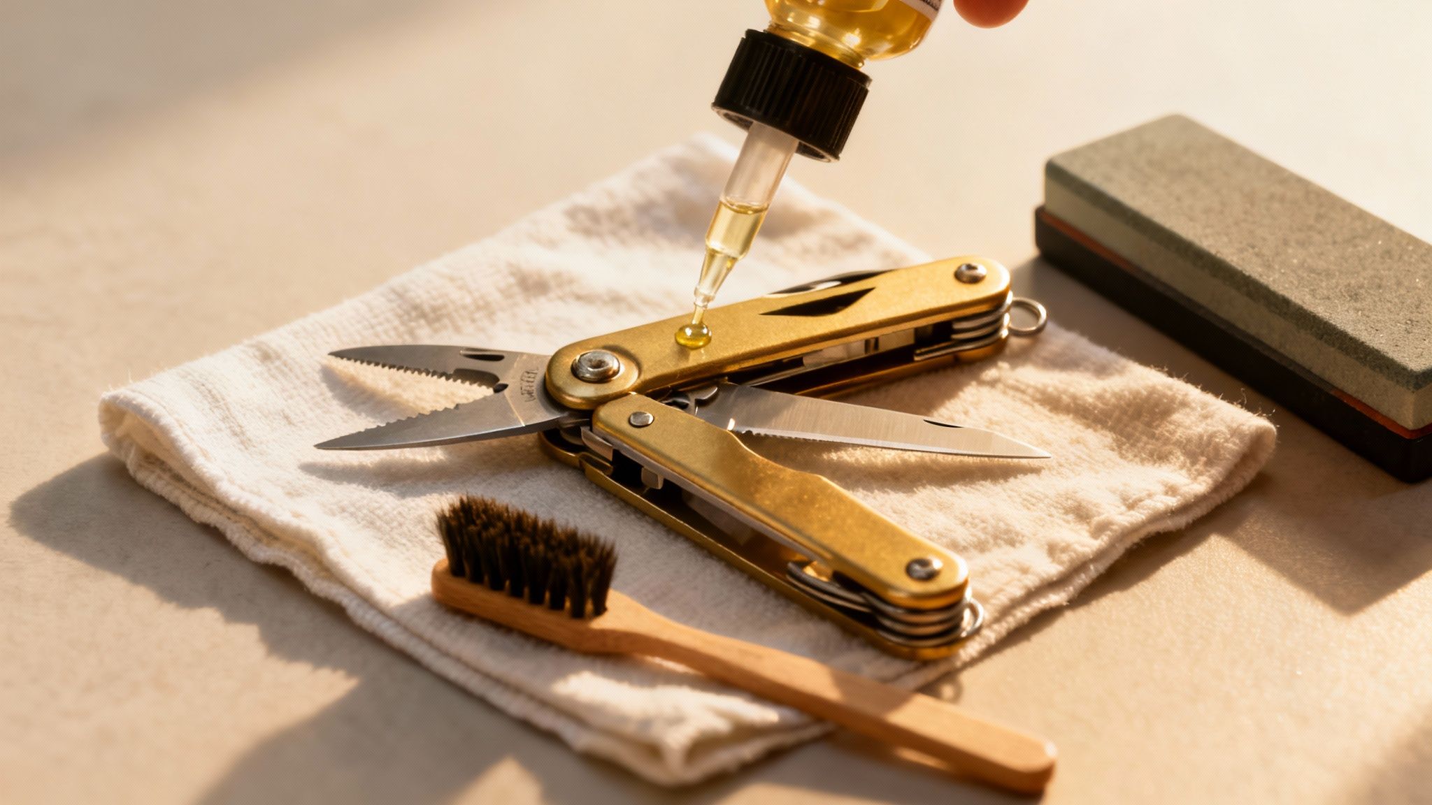 A person applies oil to a golden multi-tool with a dropper on a white cloth, with a brush and sharpening stone nearby.