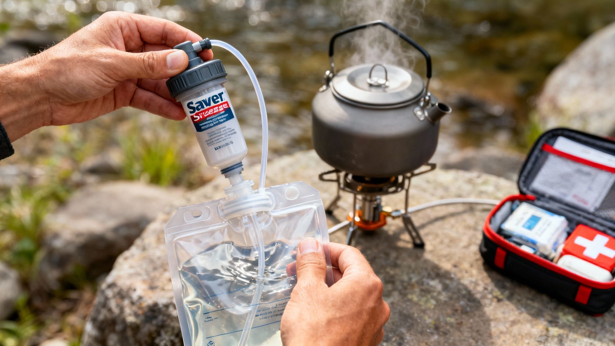 Hands filtering water into a pouch next to a boiling kettle and an open first aid kit.