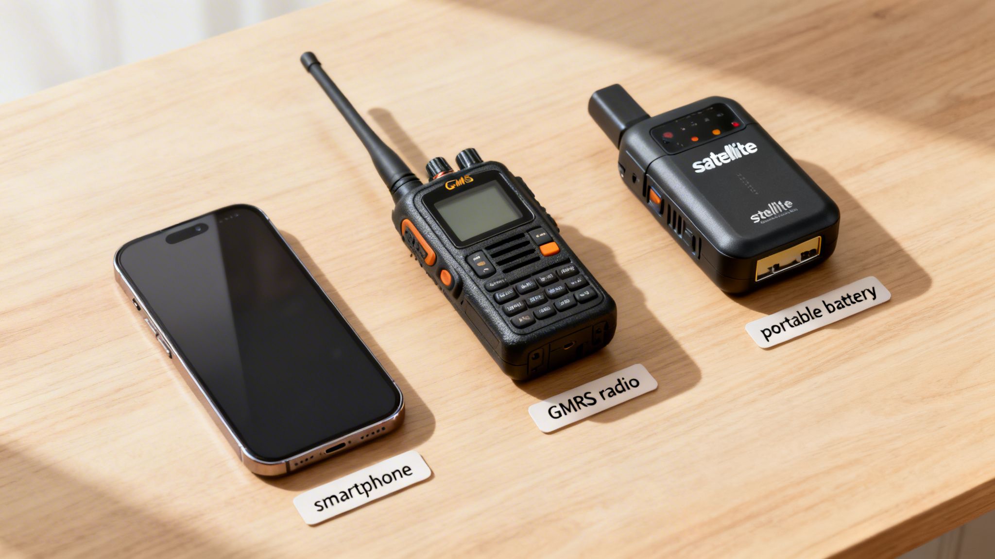 A smartphone, GMRS radio, and portable battery are neatly arranged on a light wooden table.