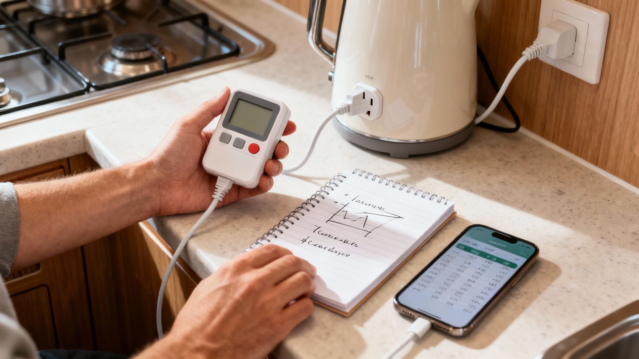 Person measuring energy consumption of a kettle with a meter, notebook, and smartphone on a kitchen counter.