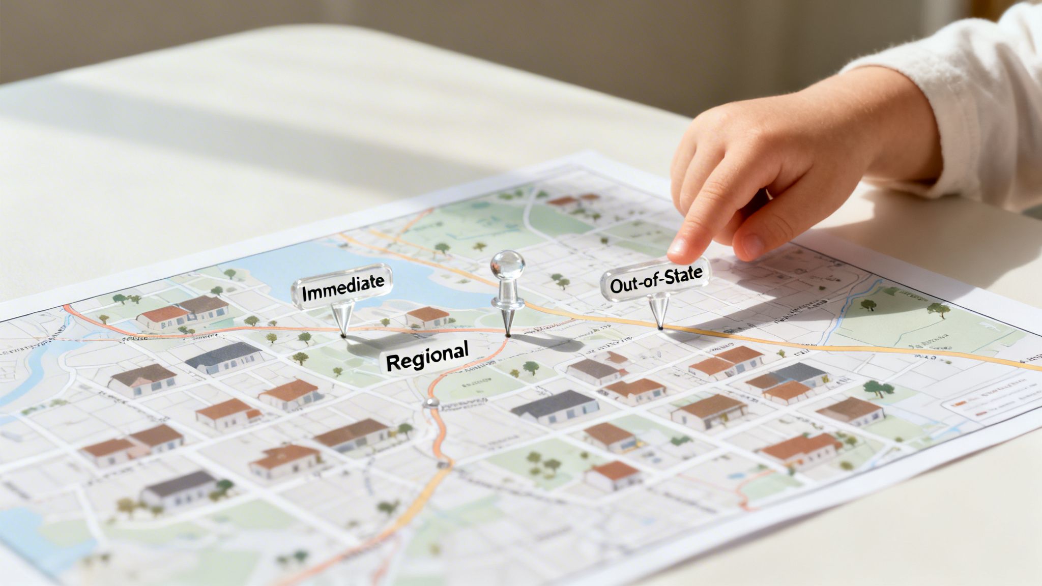 A child's hand points to an "Out-of-State" pin on a map, showing emergency communication planning zones.