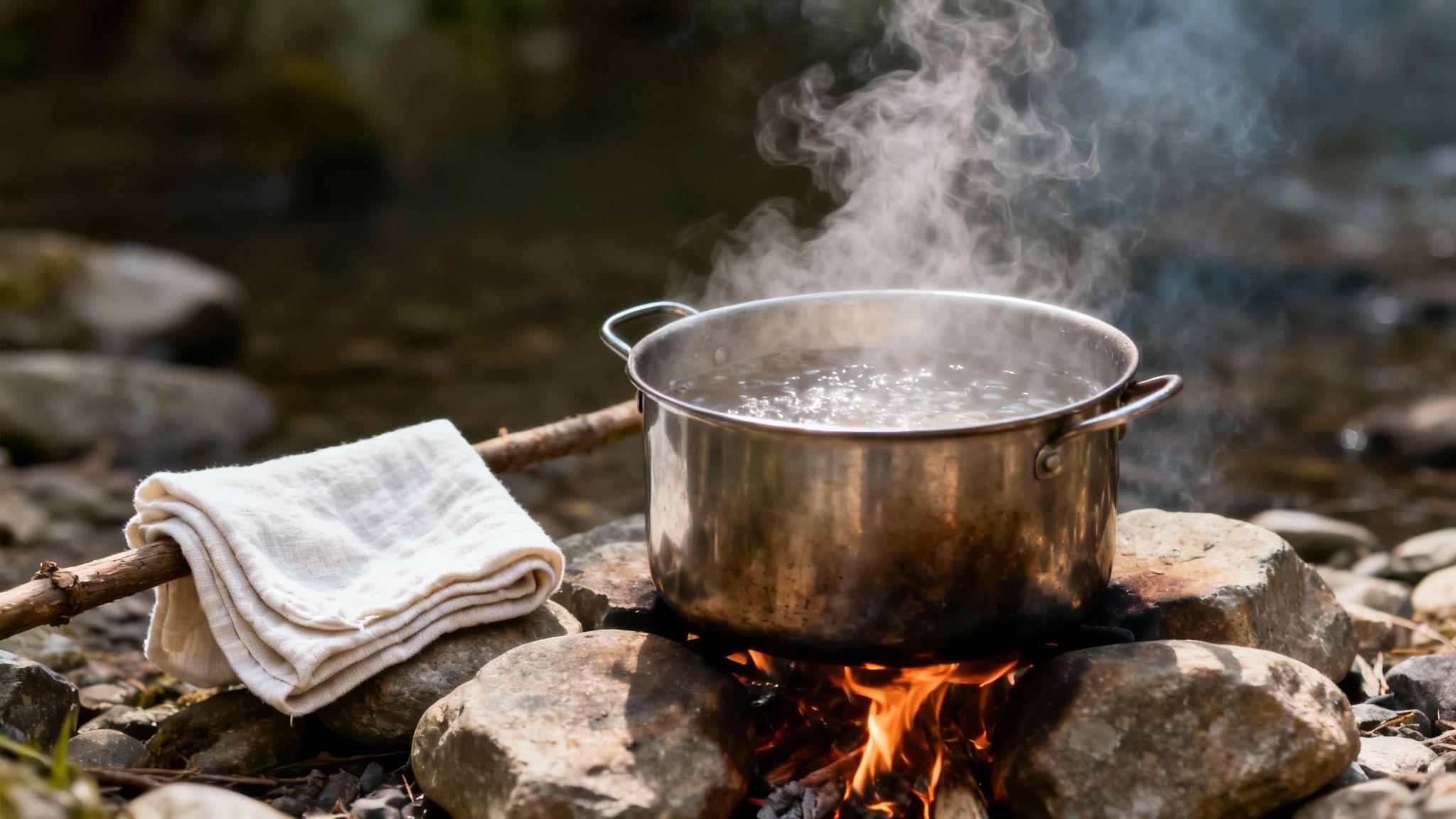 A stainless steel pot of water boils over a campfire, with a white cloth on a branch.