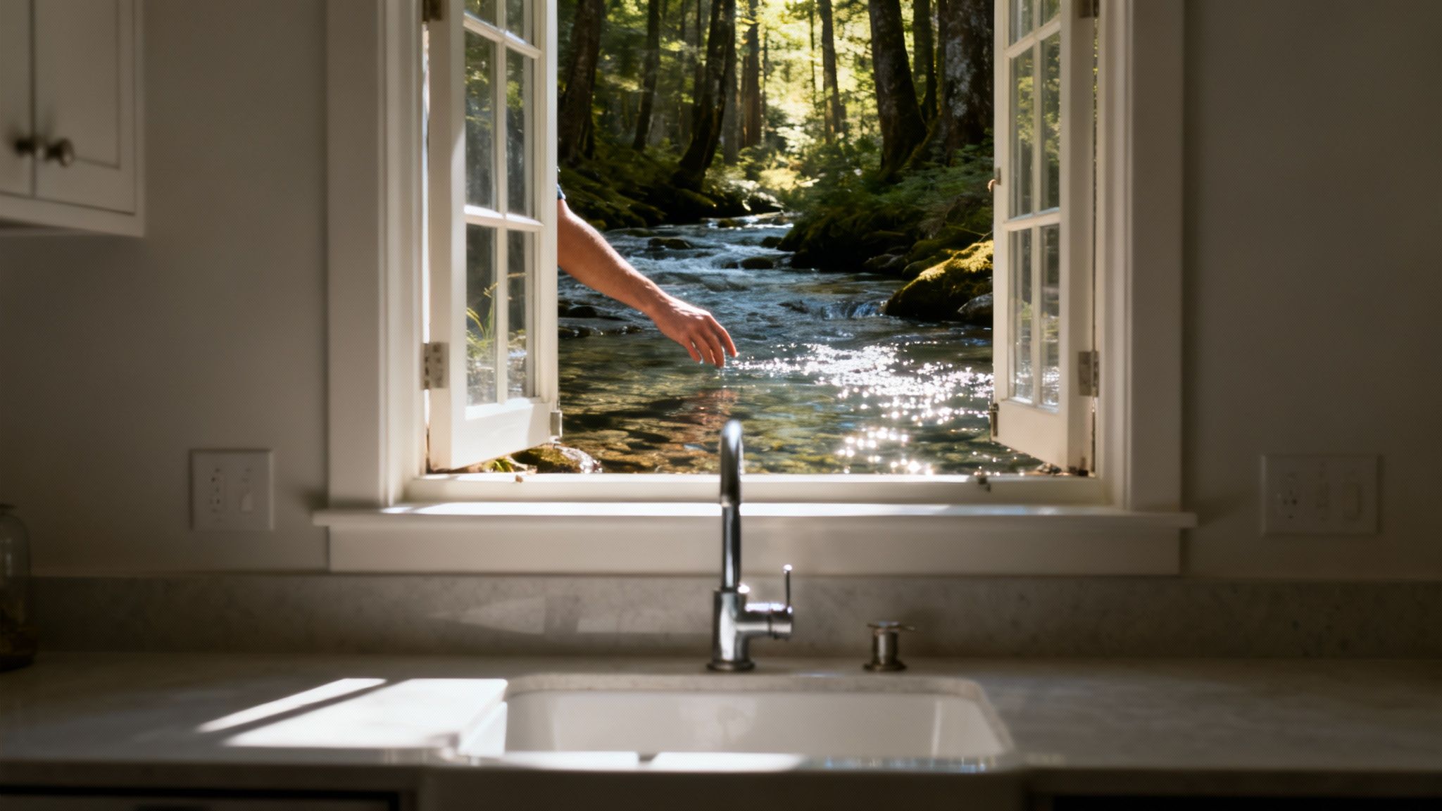 A hand reaches from an open kitchen window to touch the sparkling water of a forest river.