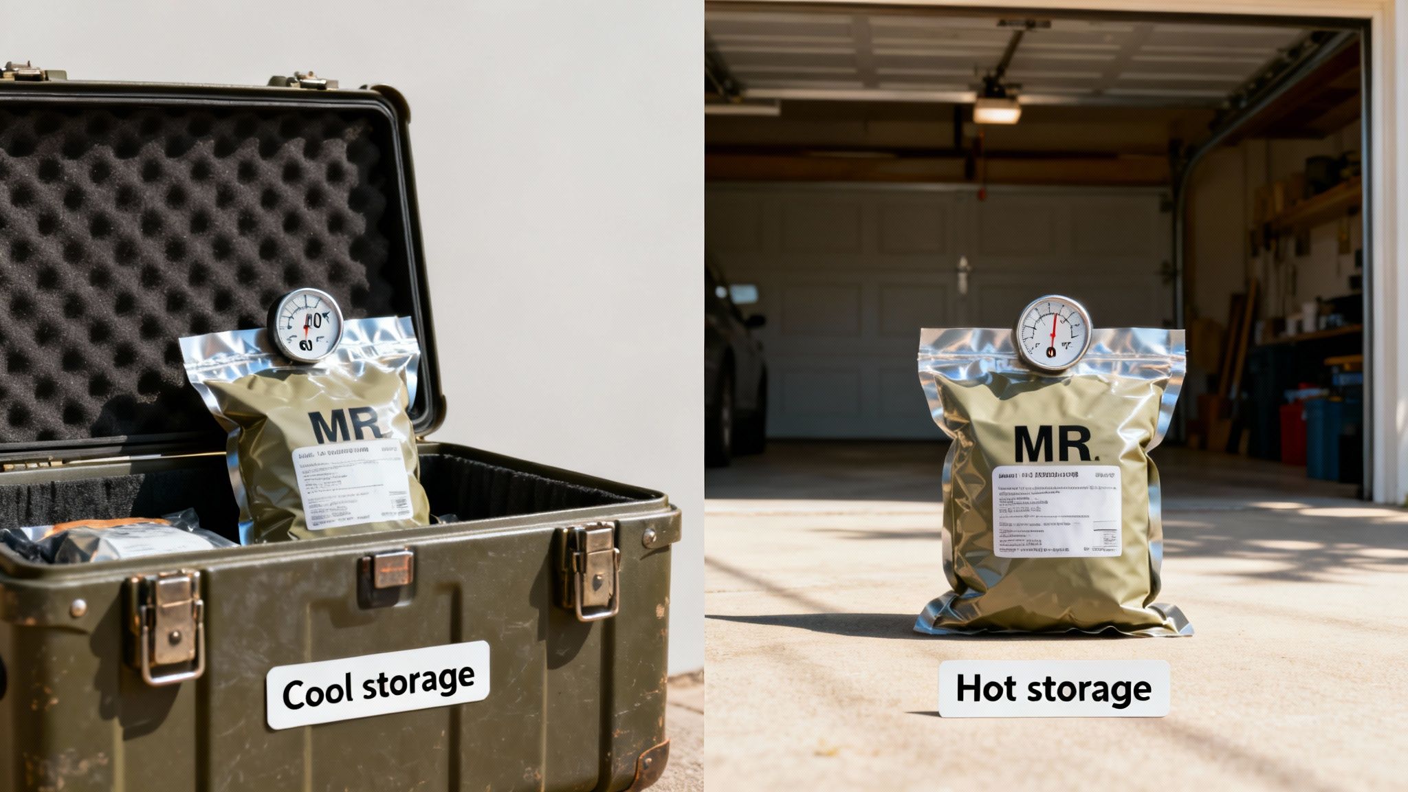 MRE packages demonstrate cool storage in a case and hot storage on a garage floor, with temperature gauges.