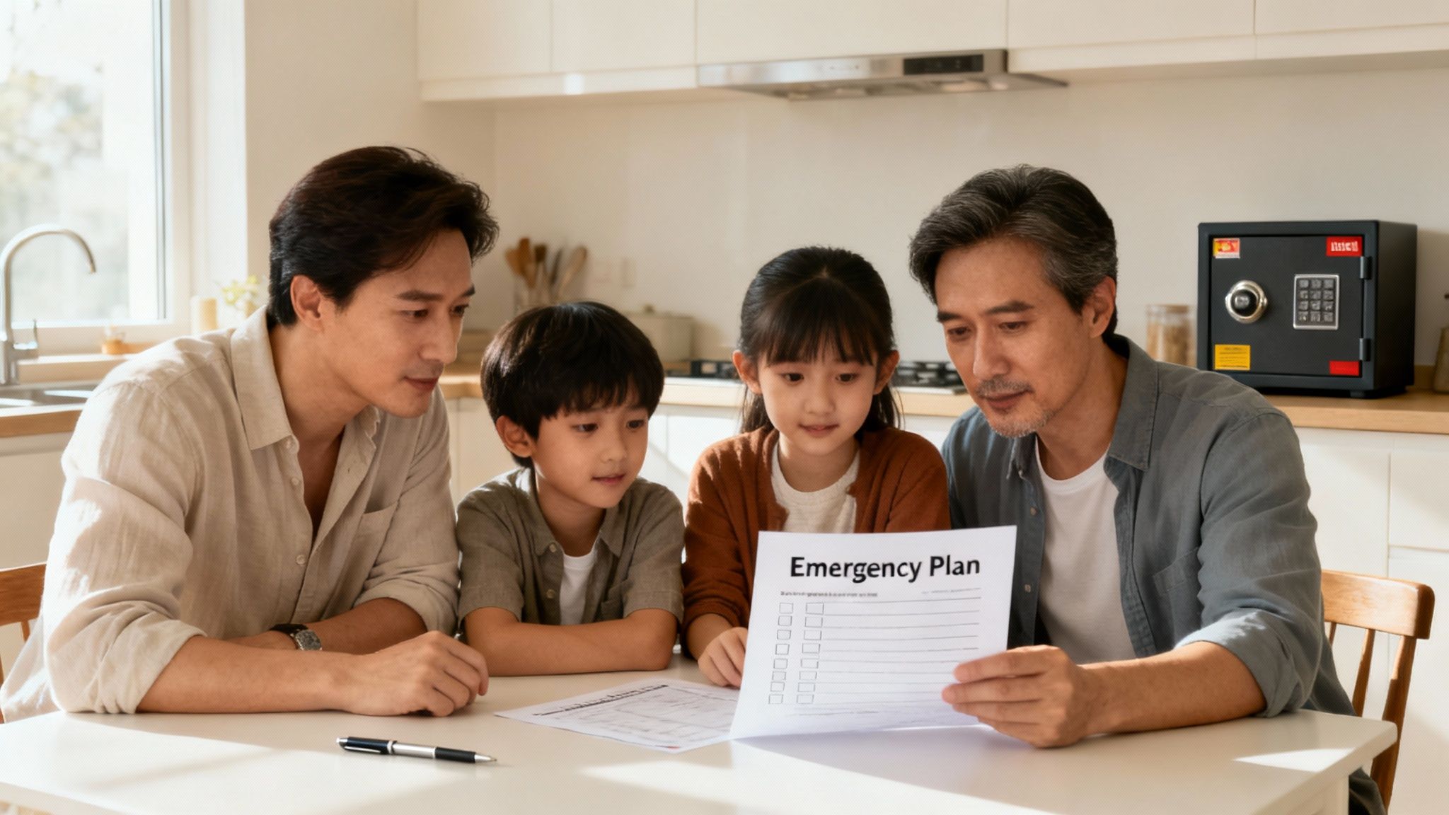 A family reviews an 'Emergency Plan' document together at a kitchen table, with a safe nearby.