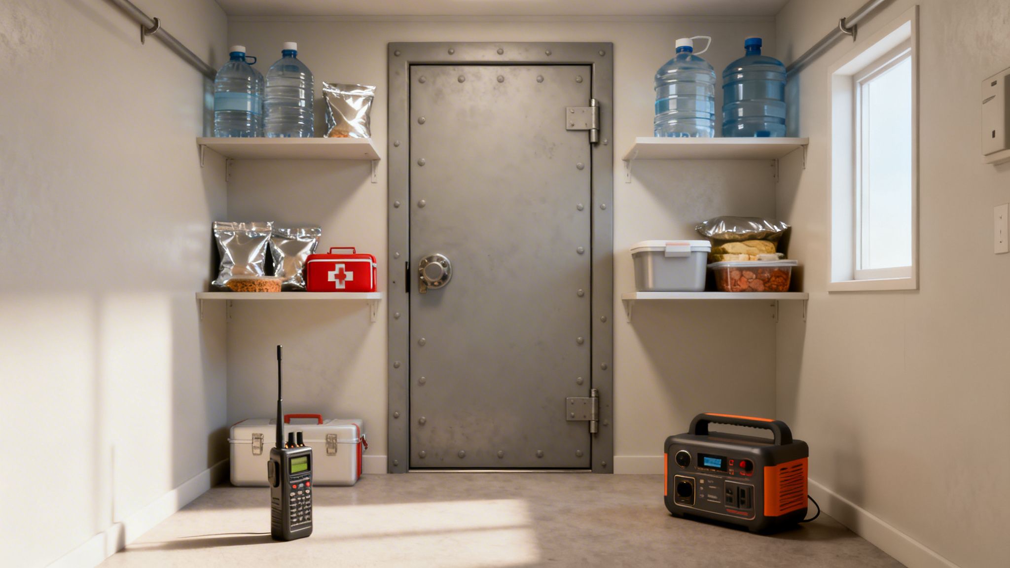 A secure room equipped with emergency water, food, a first aid kit, walkie-talkie, and power supply.
