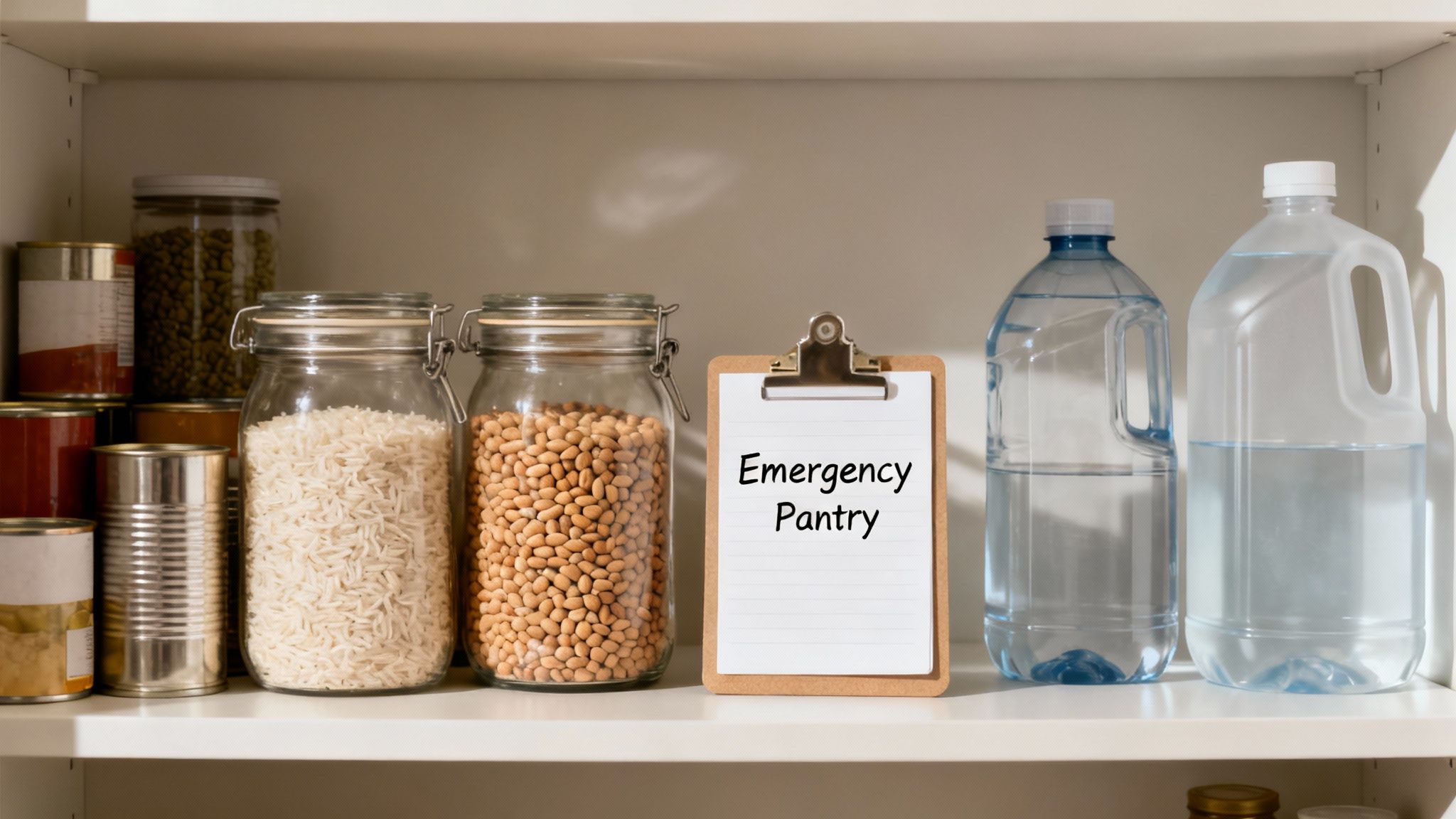 A well-stocked emergency pantry shelf with canned goods, dry rice, beans, water bottles, and a clipboard labeled 'Emergency Pantry'.