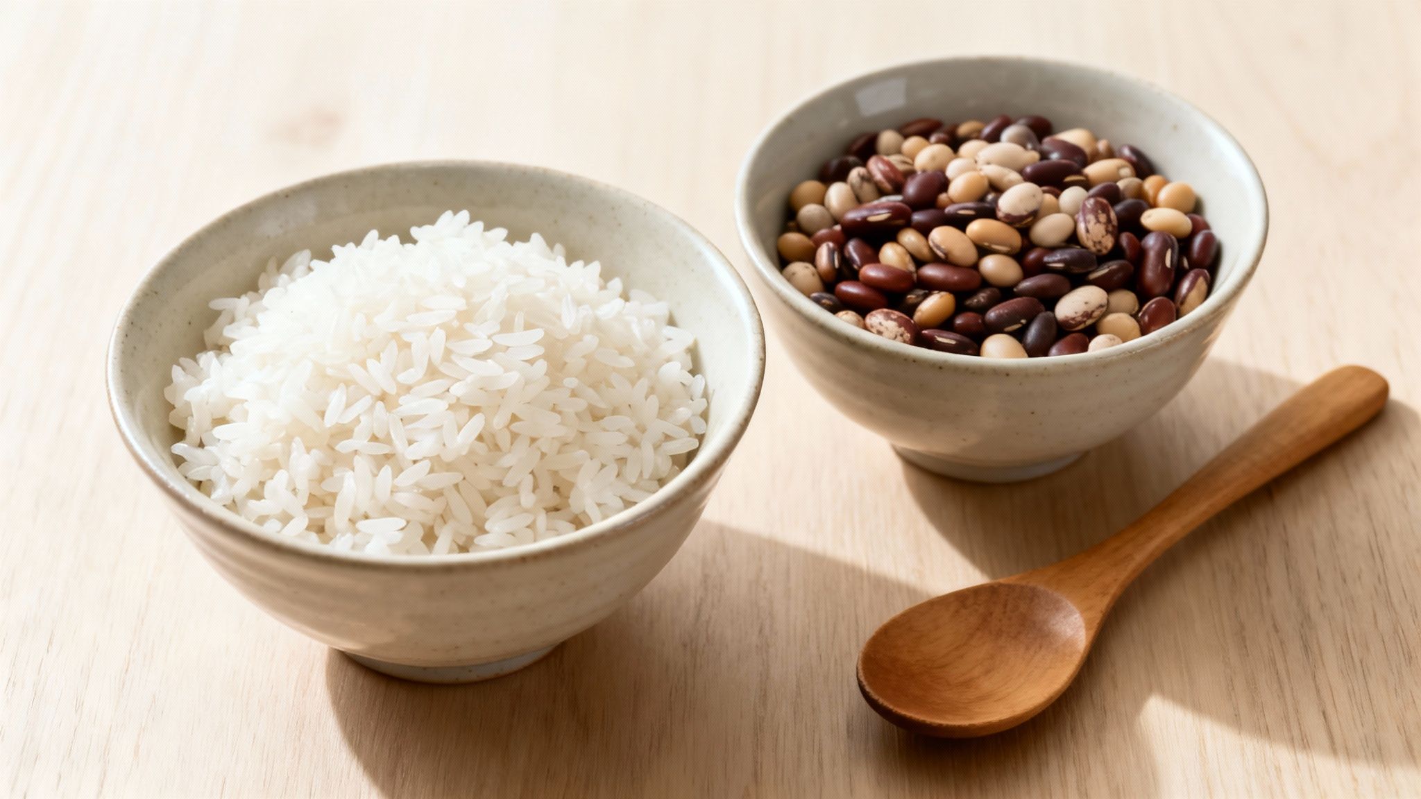 Two ceramic bowls on a wooden surface, one filled with white rice, the other with mixed beans, alongside a wooden spoon.