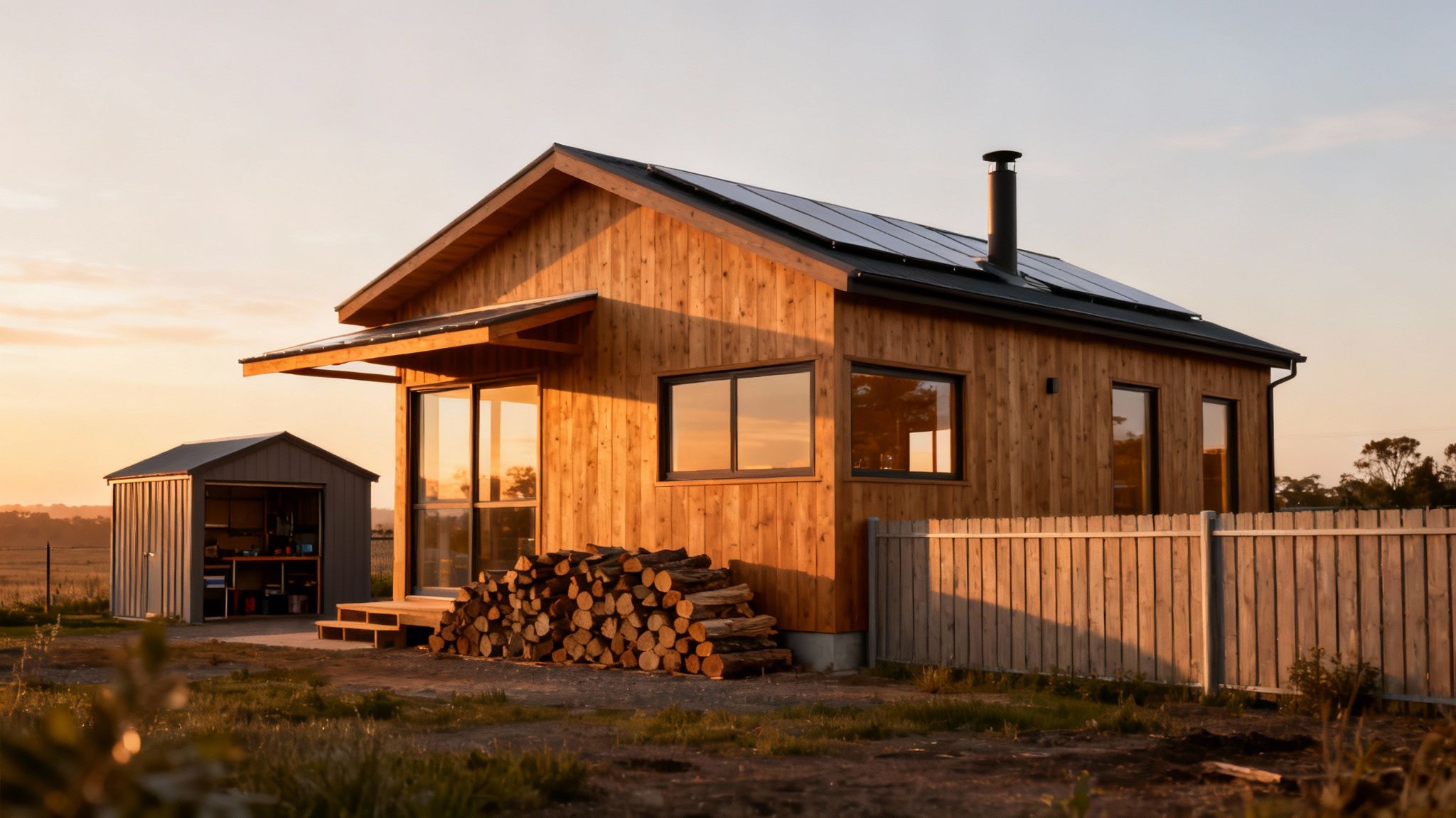 A modern wooden house with solar panels, a woodpile, and a shed at golden hour.