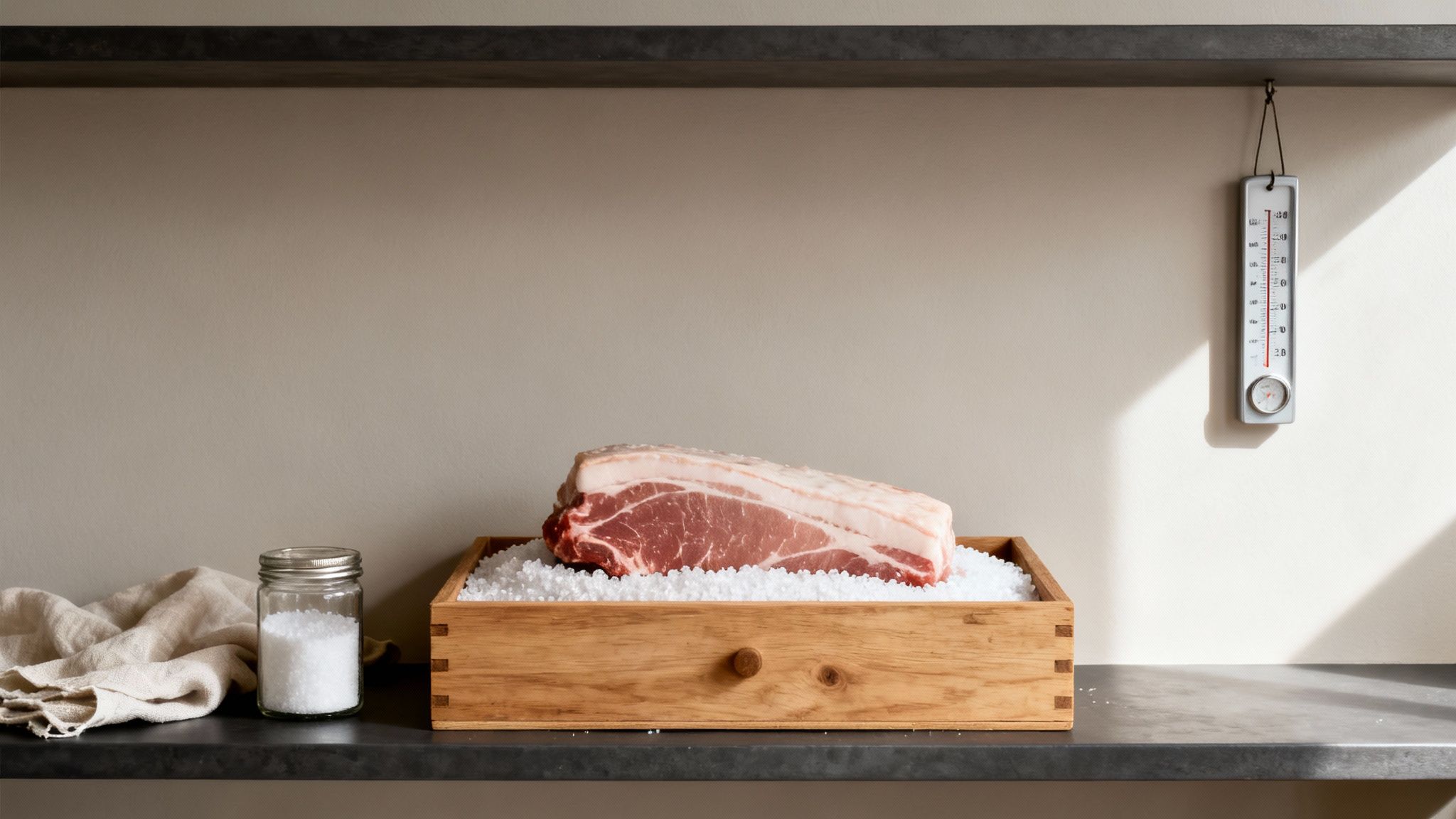 A large piece of raw meat rests on a bed of salt in a wooden box, with a jar of salt and a thermometer nearby.
