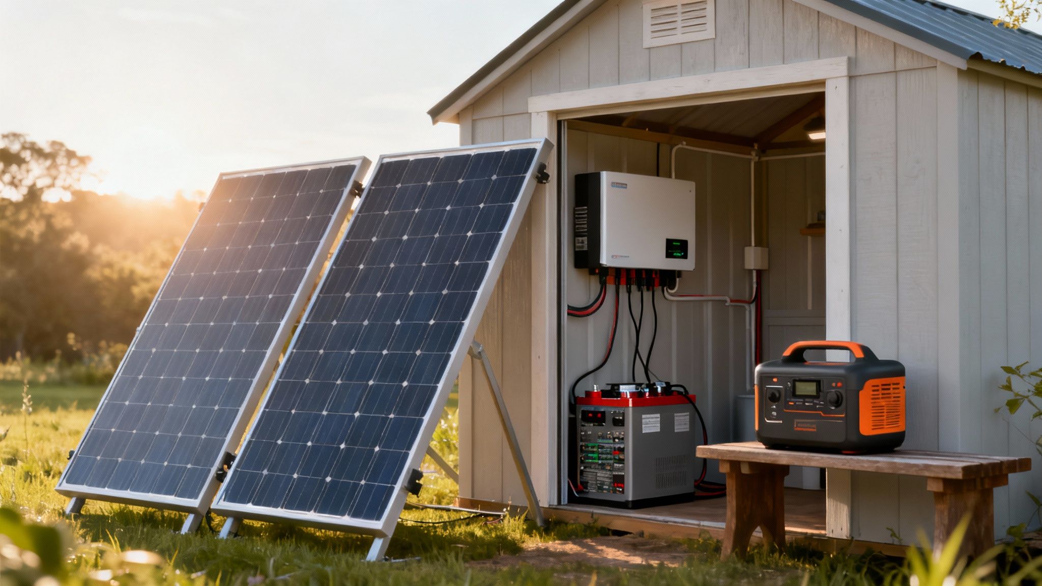 Off-grid solar power system with panels, inverter, battery, and portable power station outside a shed.