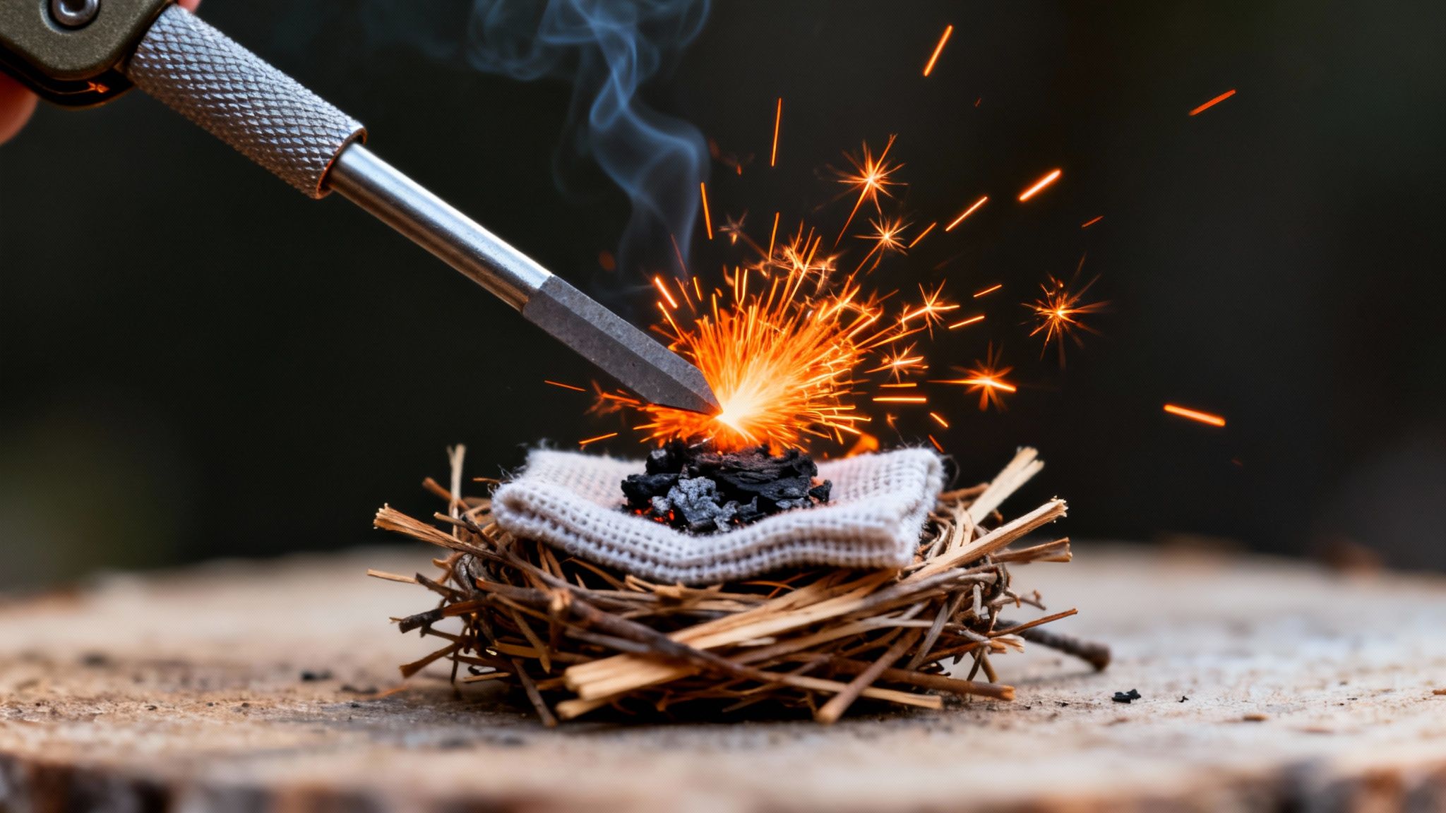 Close-up of a fire starter generating bright orange sparks onto char cloth in a twig nest.
