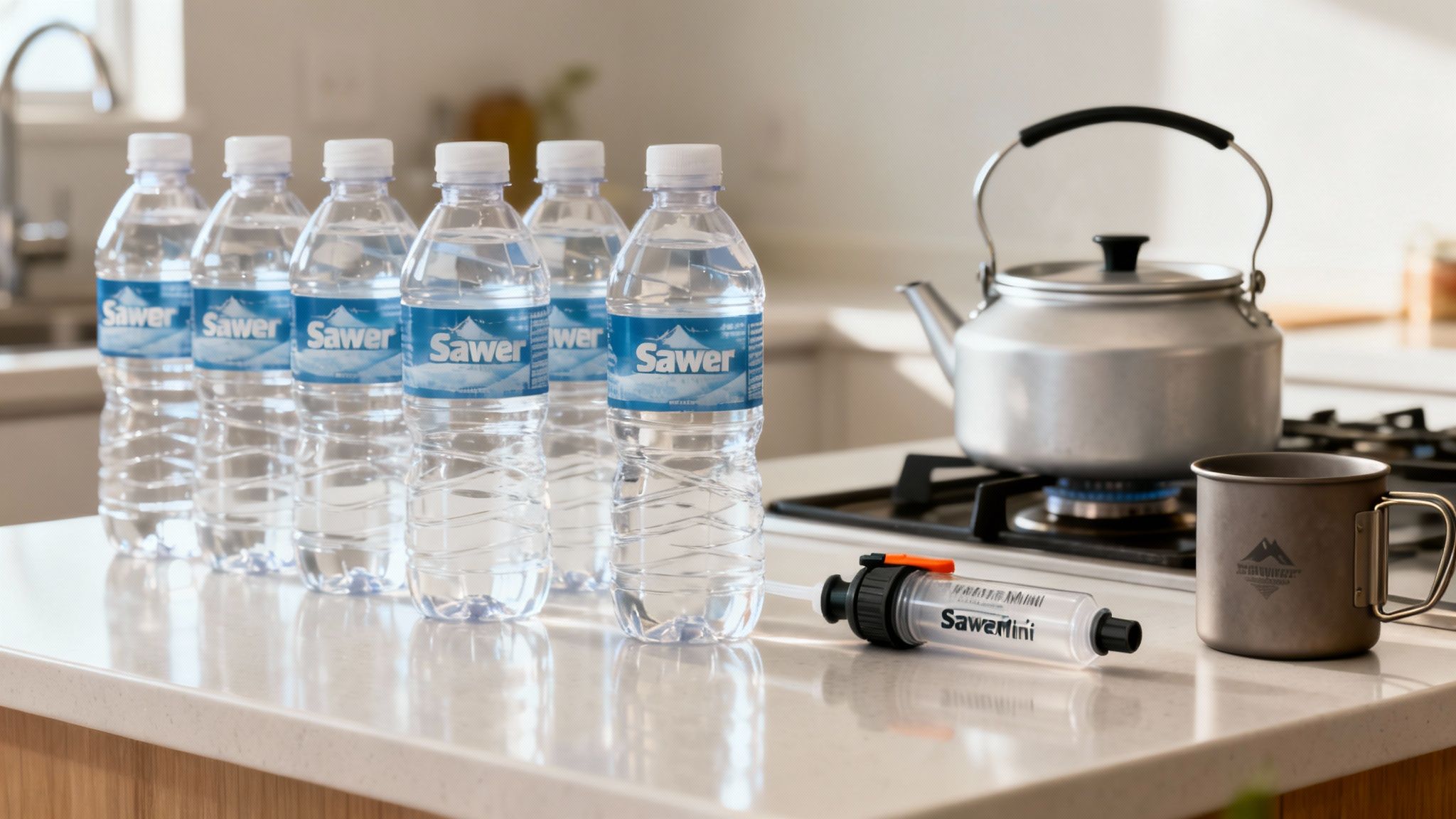 Sawer water bottles, a portable water filter, kettle, and metal mug on a kitchen countertop.