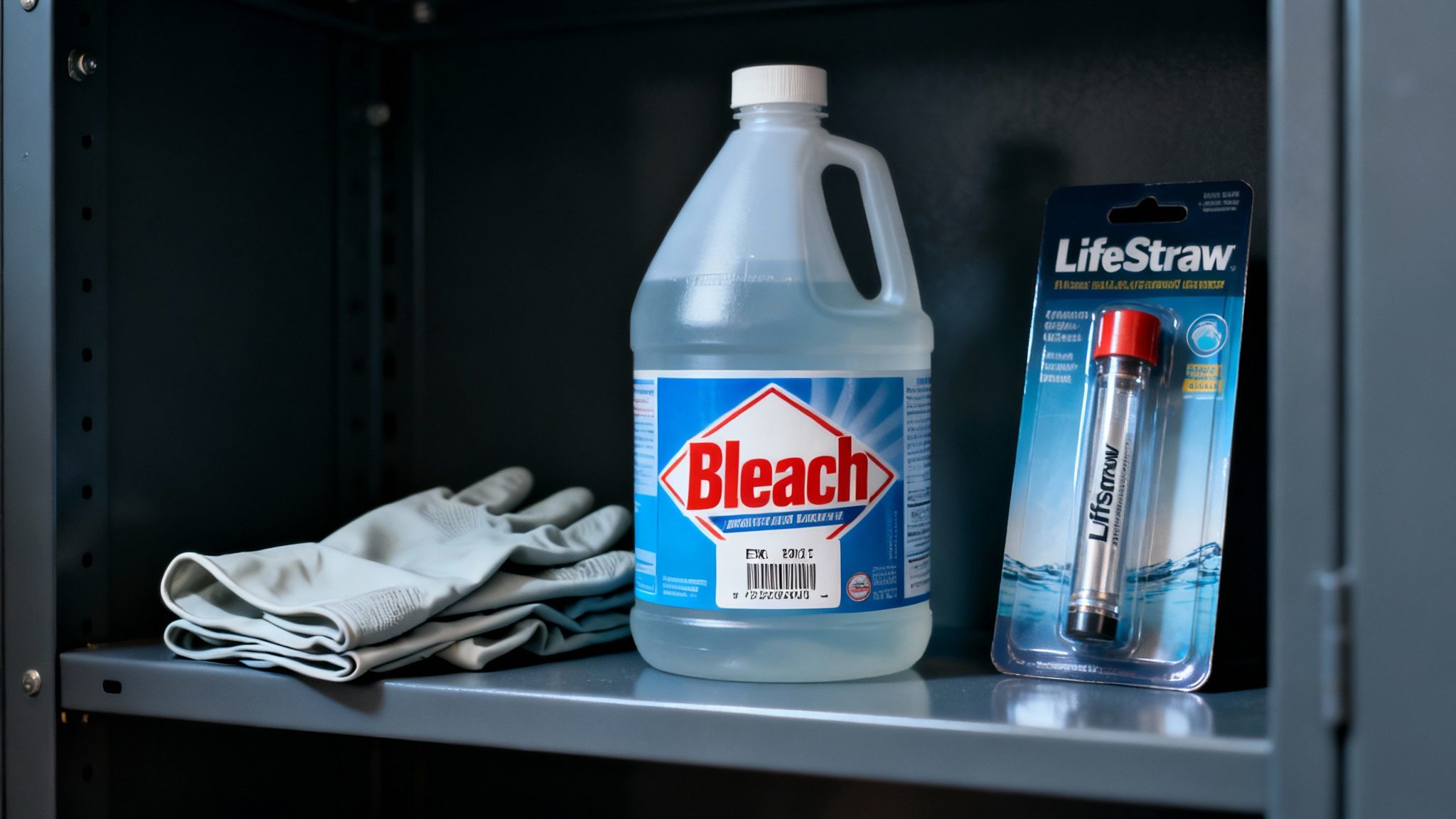A bottle of bleach, work gloves, and a LifeStraw water filter stored on a dark shelf.