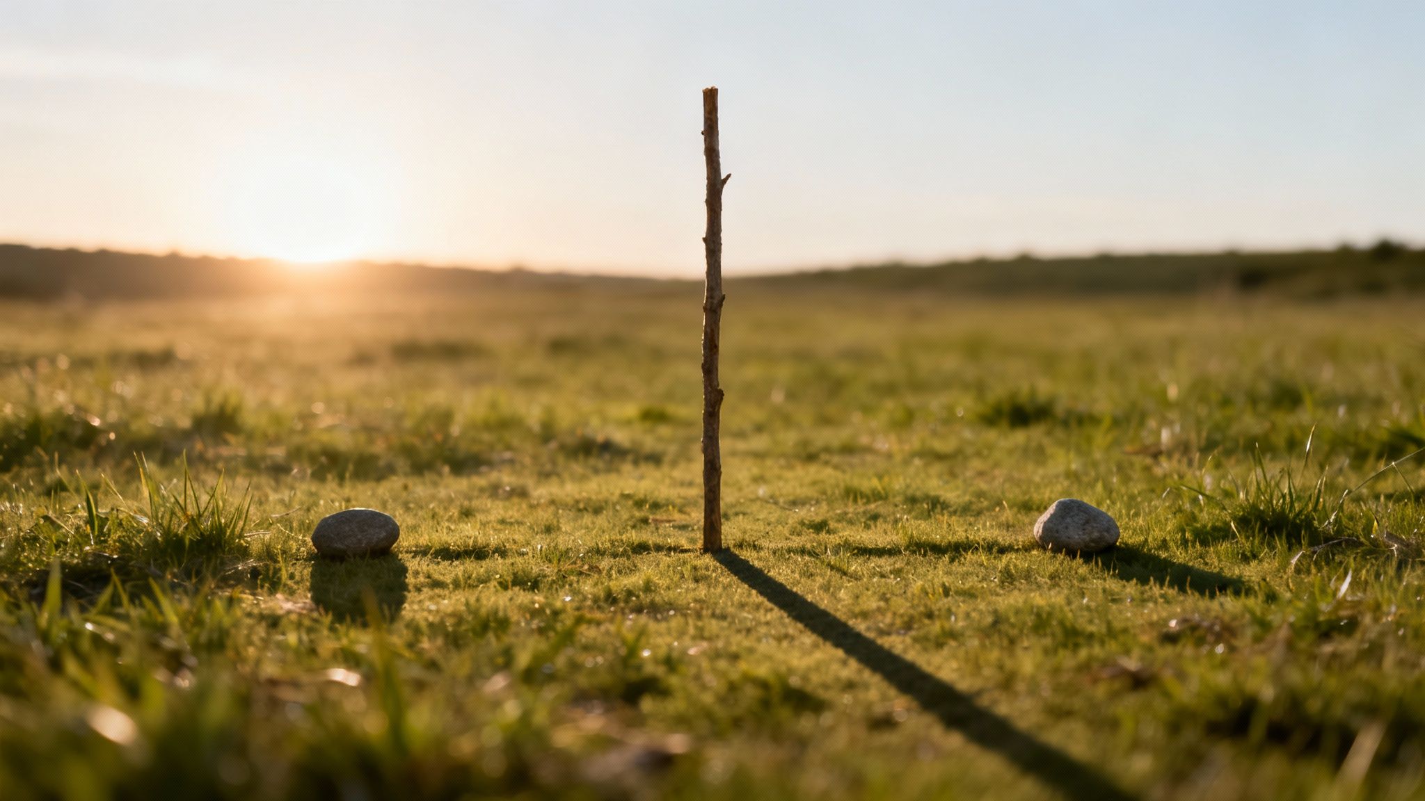 A wooden stick and two rocks in a green field with a long shadow at sunset.
