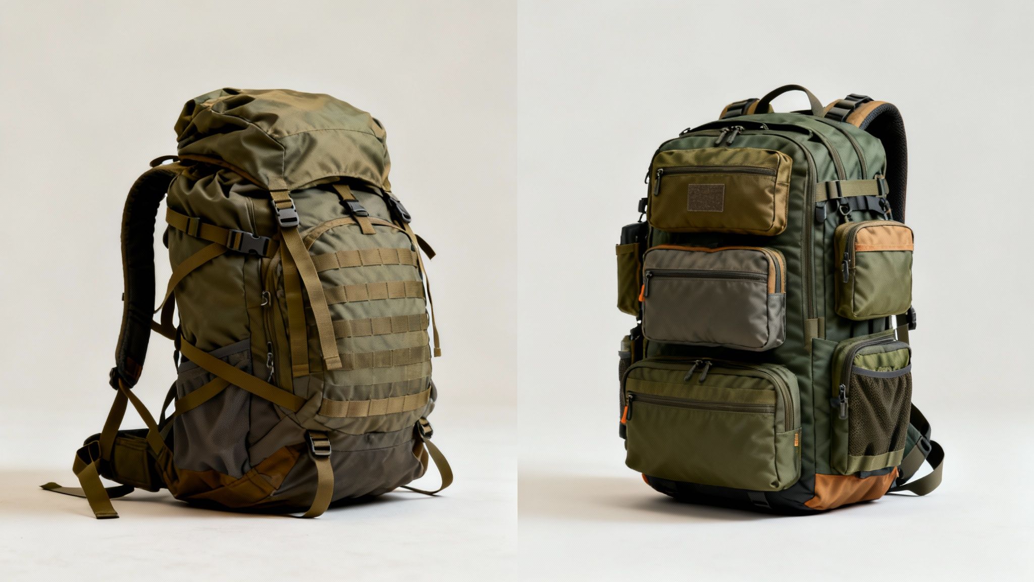 Two robust olive green tactical bug-out backpacks, one large hiking style, one modular.
