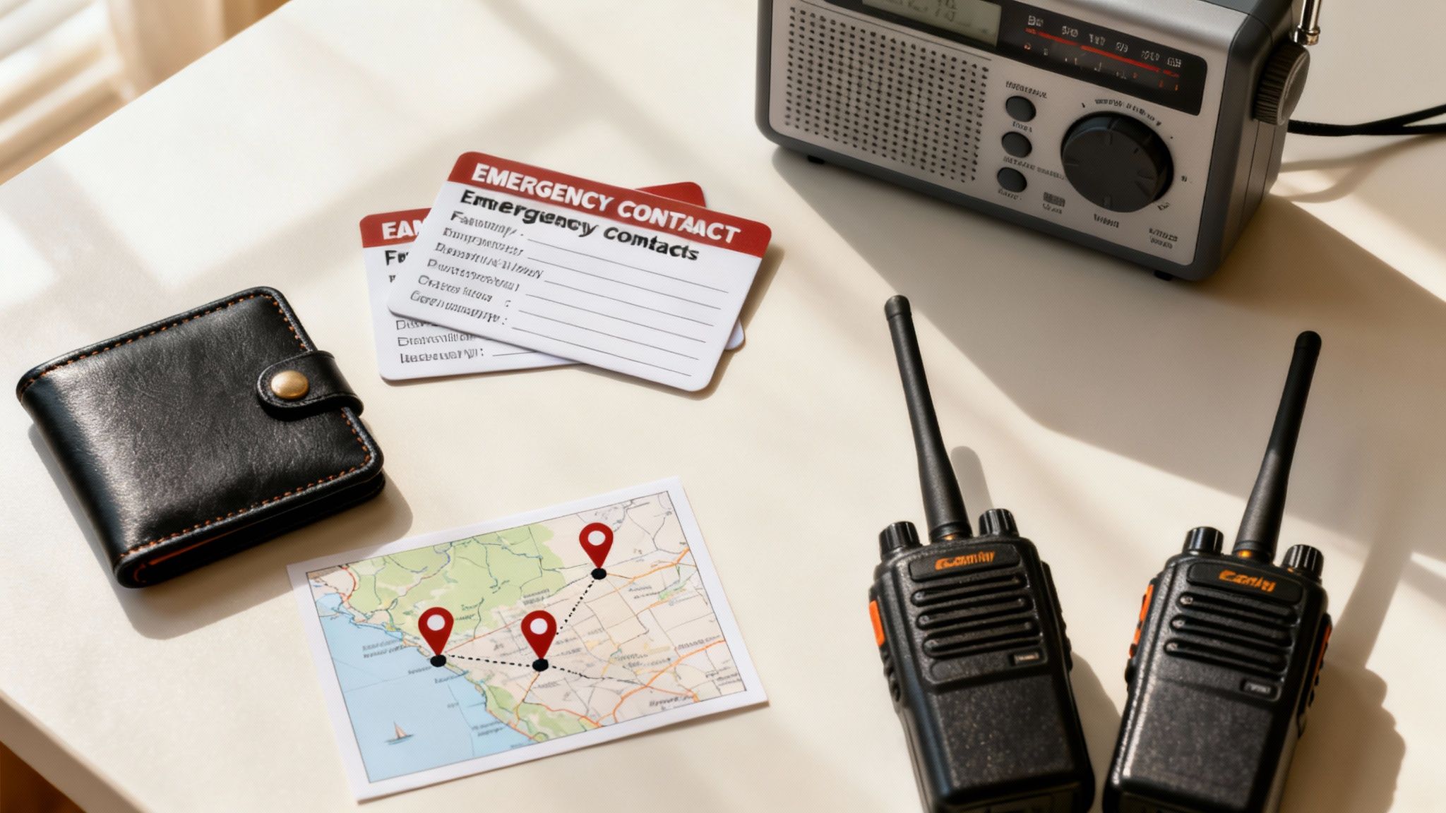 Emergency preparedness items including a wallet, contact cards, a map, a radio, and two walkie-talkies.