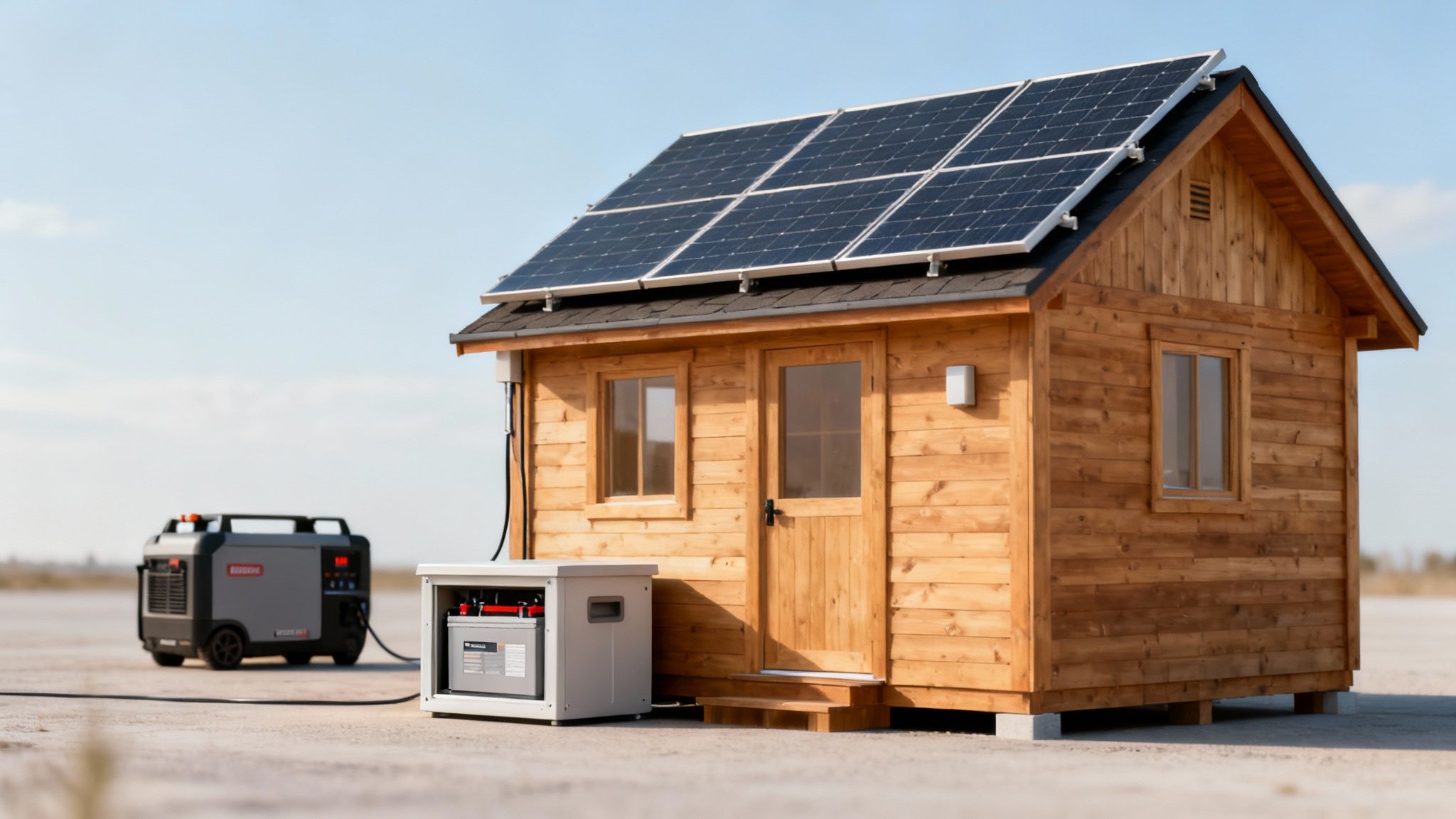 A small wooden cabin with solar panels on its roof, connected to a generator and battery storage.