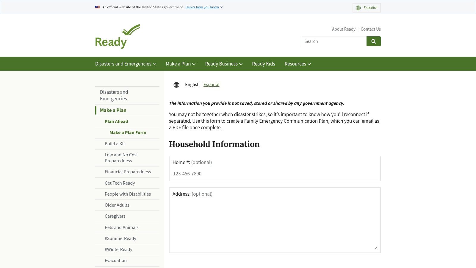 Ready.gov — Family Emergency Plan Form