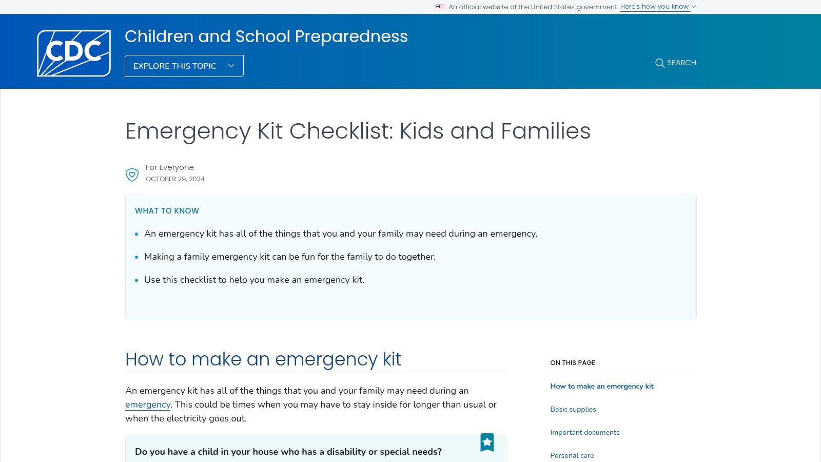 CDC — Emergency Kit Checklist: Kids and Families