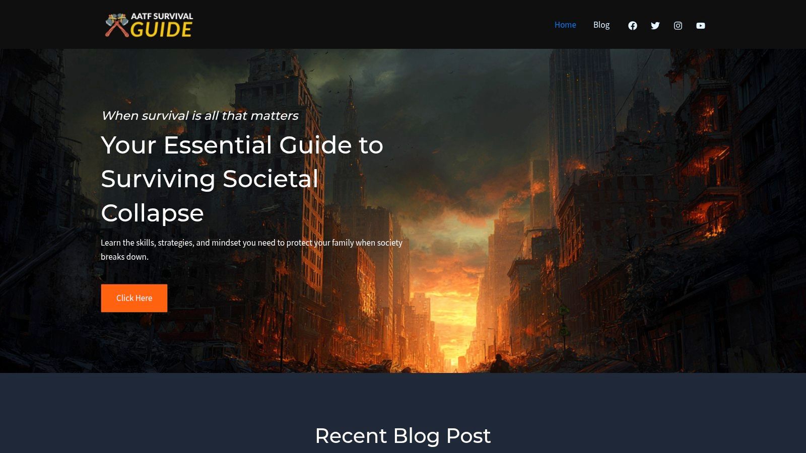 AATF Survival Guide homepage showing articles on societal collapse and preparedness
