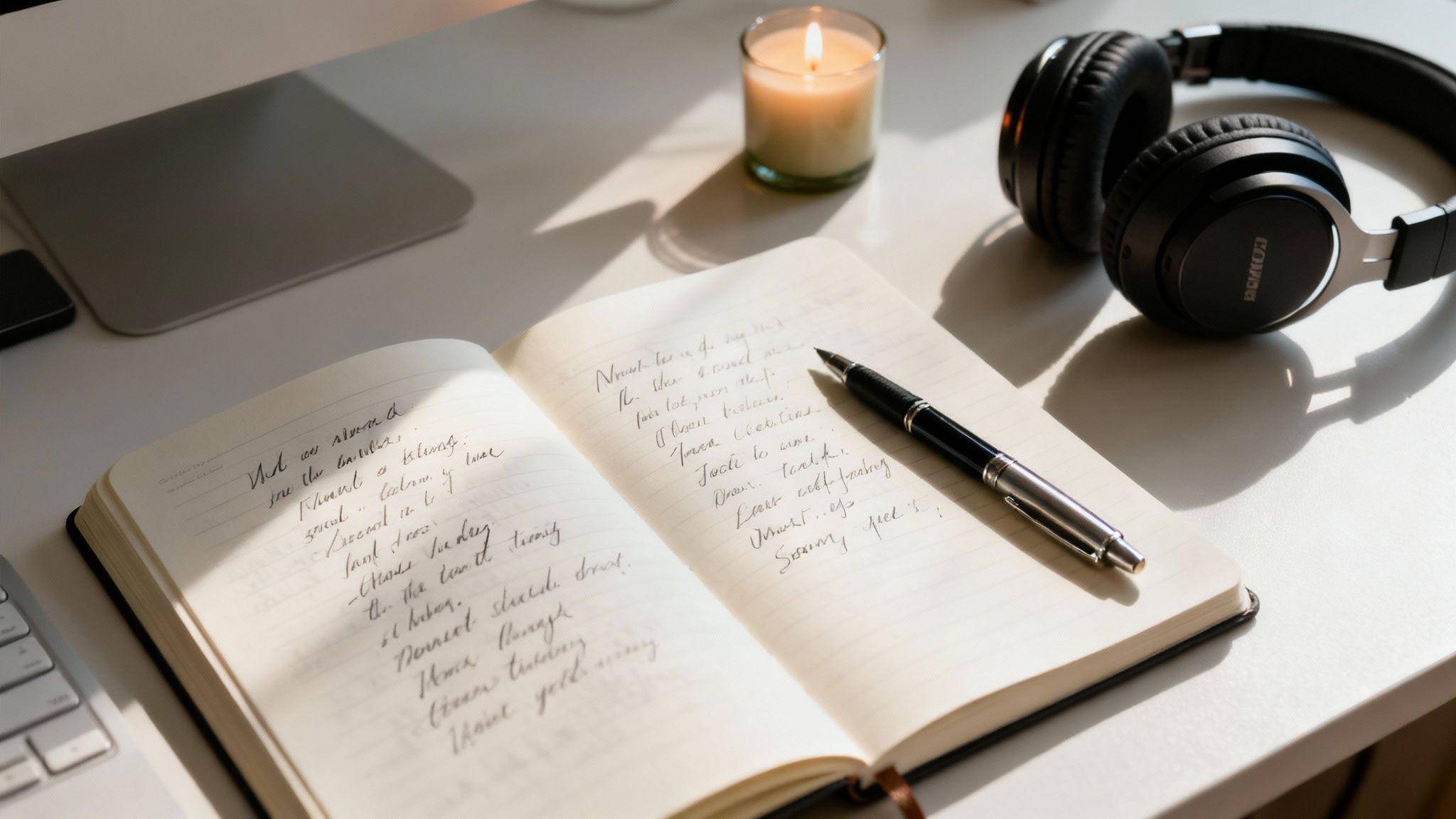 A creative workspace with an open notebook, pen, headphones, a lit candle, and a laptop.
