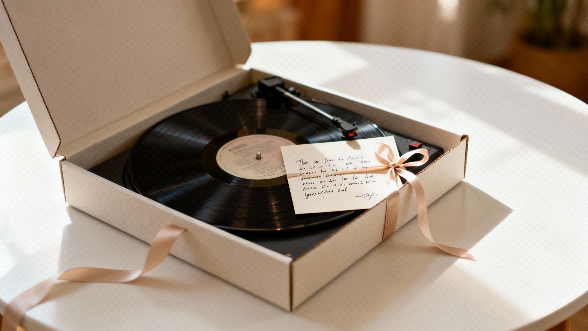 Une platine vinyle avec un disque et un petit mot manuscrit, le tout noué par un ruban, dans une boîte cadeau.