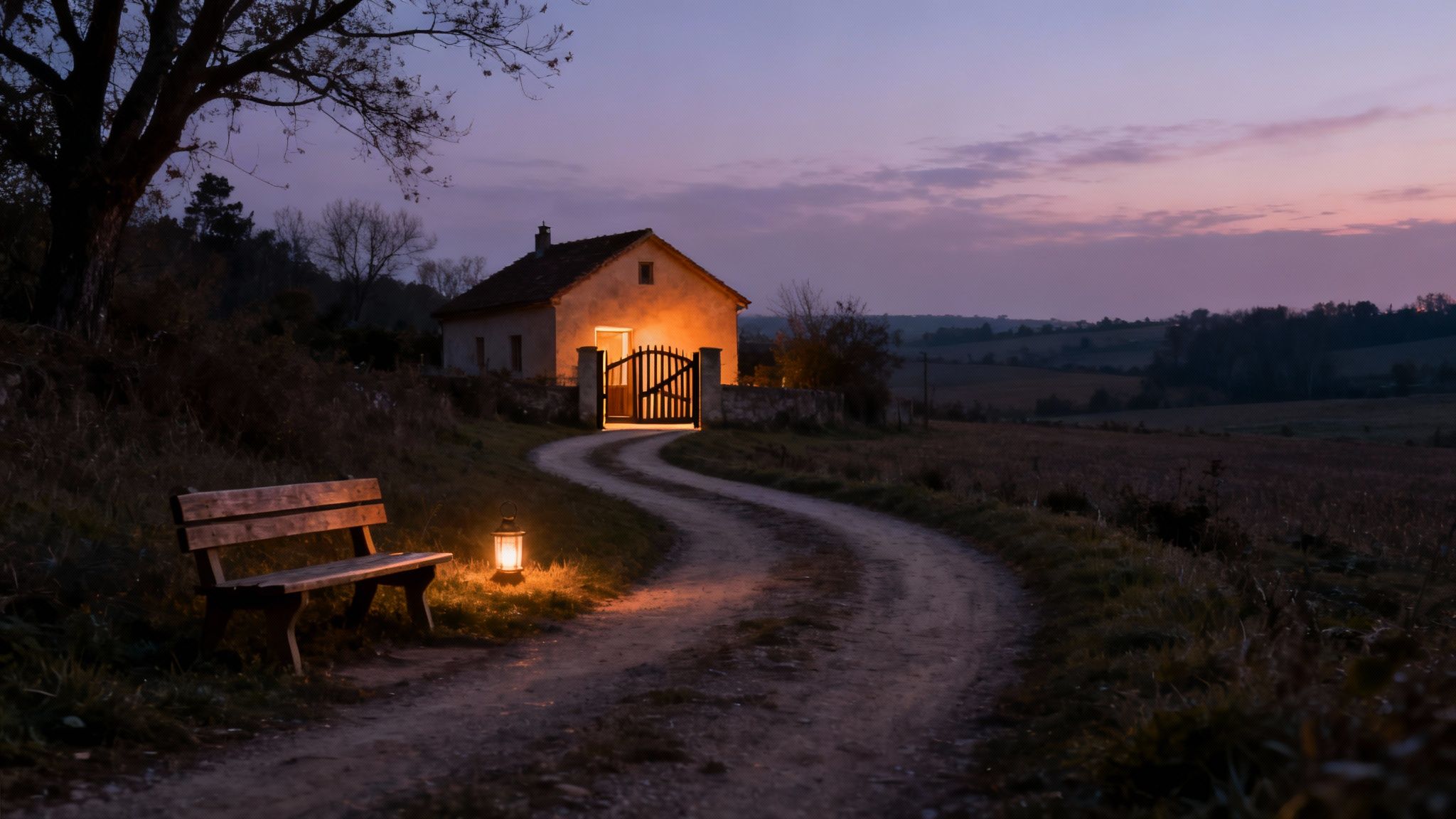 Une scène sereine au crépuscule met en scène un chalet confortable, une lanterne lumineuse et un chemin sinueux.