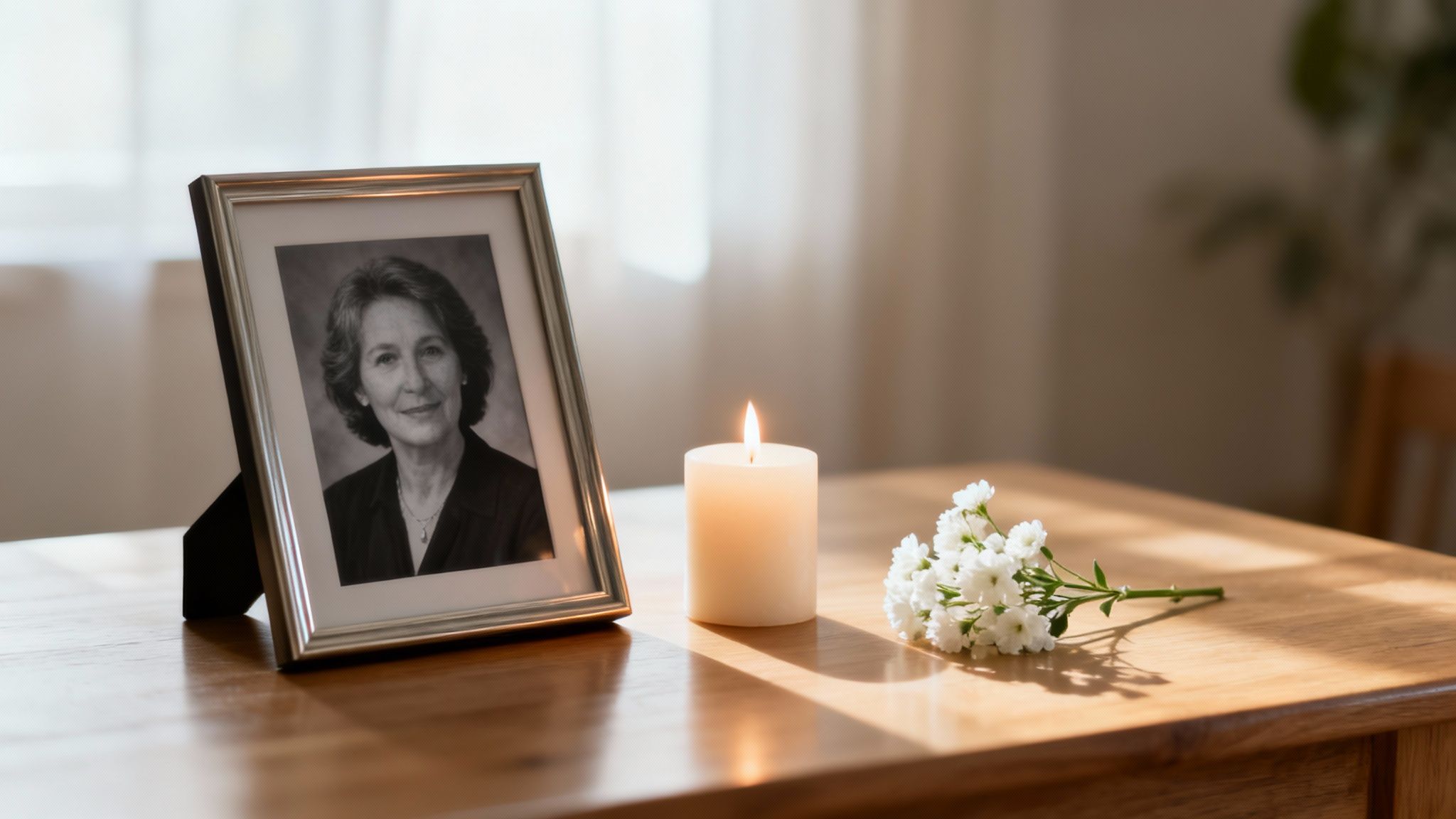 Une photo encadrée en noir et blanc d'une femme âgée, une bougie allumée et des fleurs blanches sur une table en bois, symbolisant le souvenir.