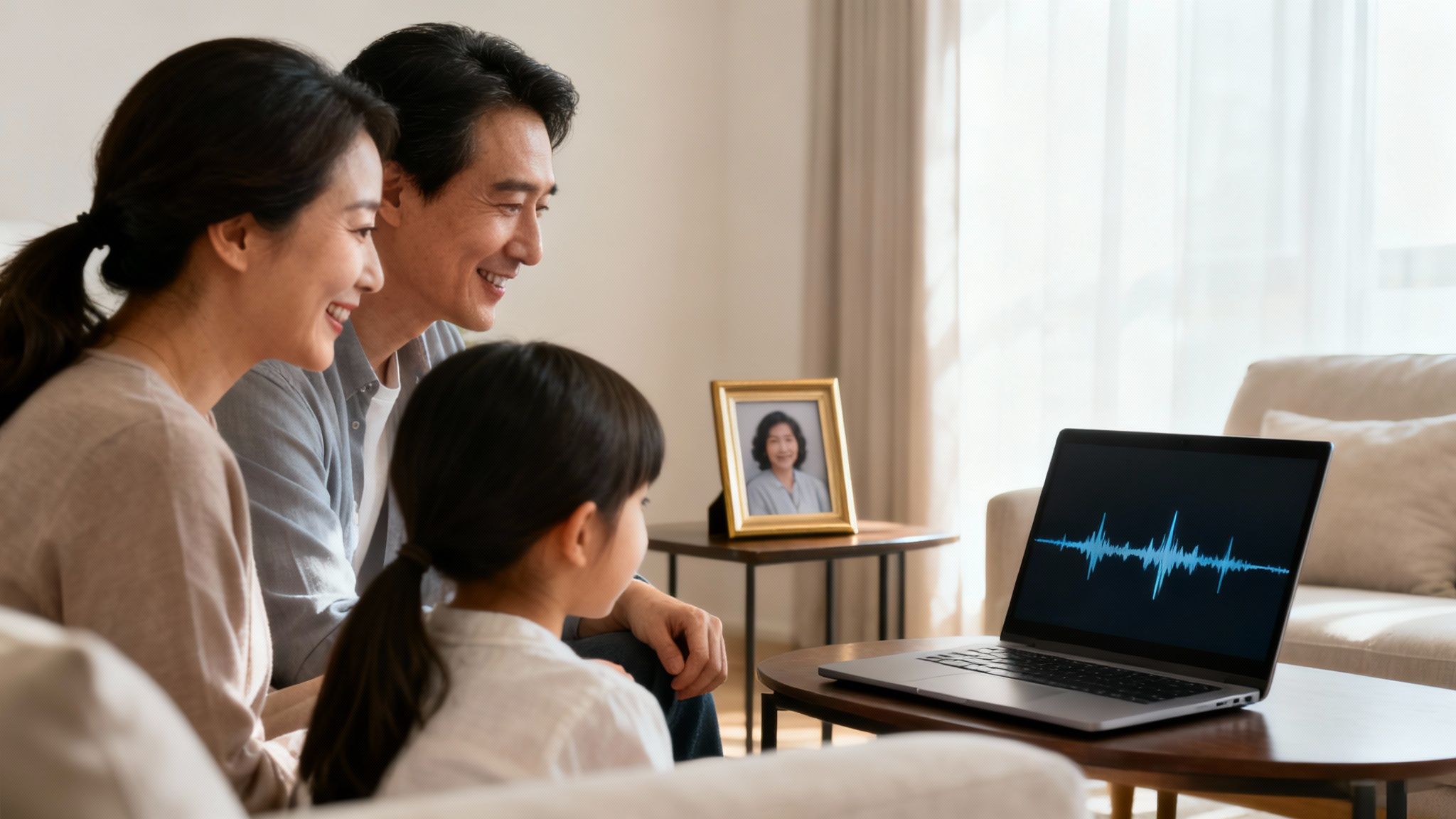An Asian family (father, mother, daughter) happily listens to an AI-generated voice on a laptop, remembering a loved one.