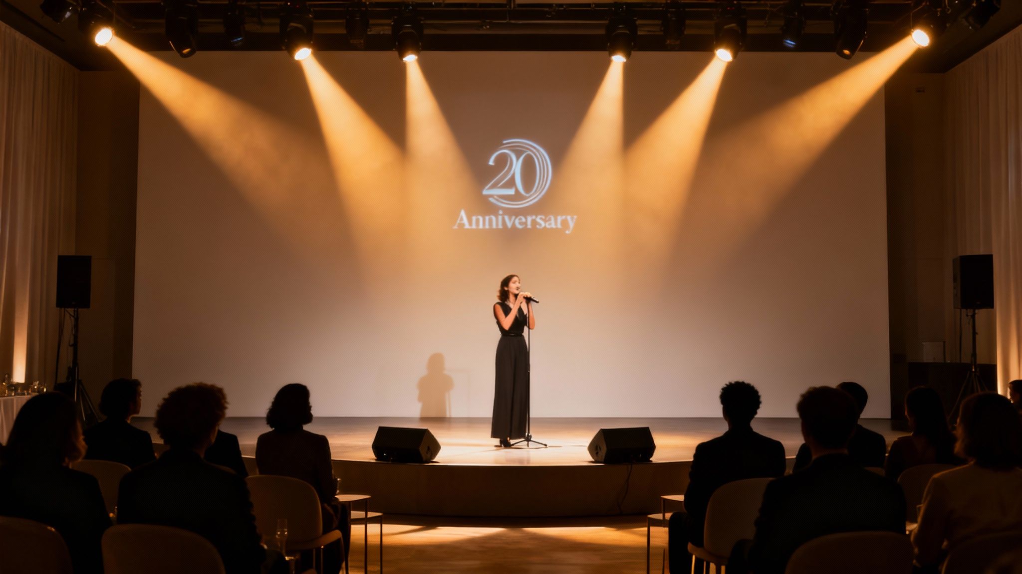 Une femme chante sur scène sous les projecteurs lors d'un événement commémorant le 20e anniversaire, devant un public.